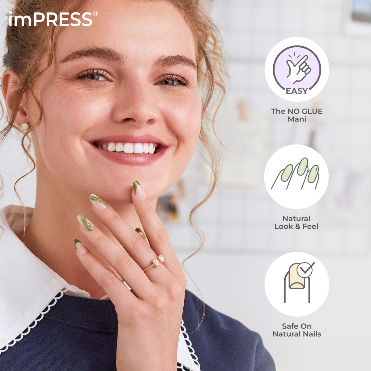 Smiling woman with light curly hair shows long press-on nails with nude base and green tips. Text highlights easy, no glue application, natural look and feel, and safety for natural nails.