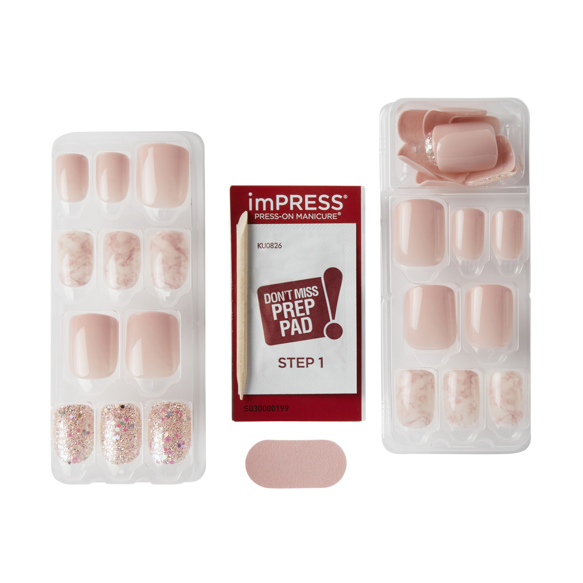 Two trays of wide fit press-on nails in shades of soft pink, pink marble, and glitter pink. Includes wooden stick, prep pad with \