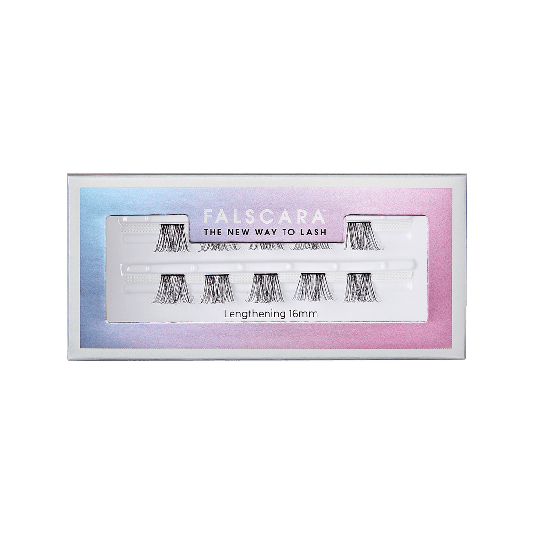 FALSCARA Lengthening Wisps single pack with 16mm black lash clusters in a box featuring a gradient blue to pink border and text \
