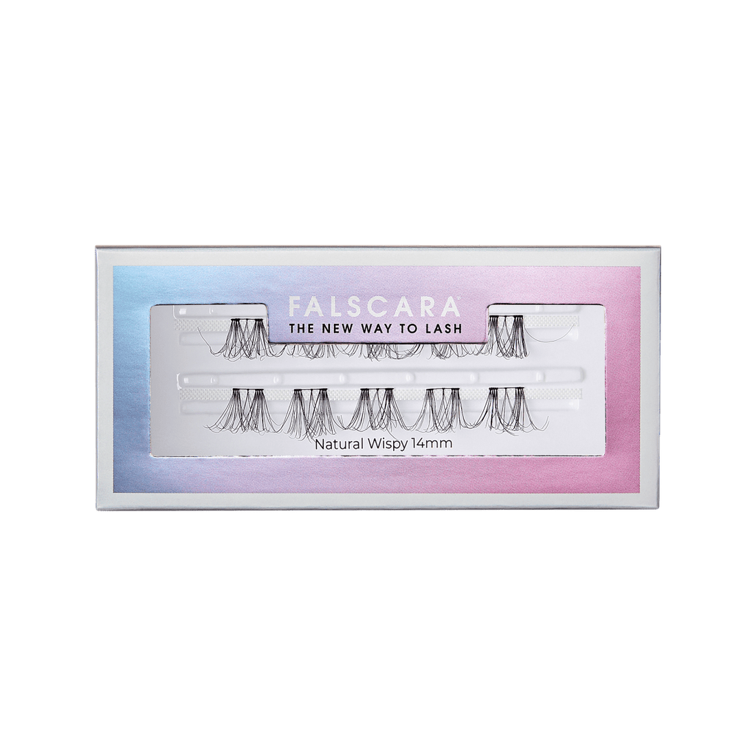 FALSCARA Natural Wispy Wisps false eyelashes in 14mm, shown in a rectangular holographic box with phrase \