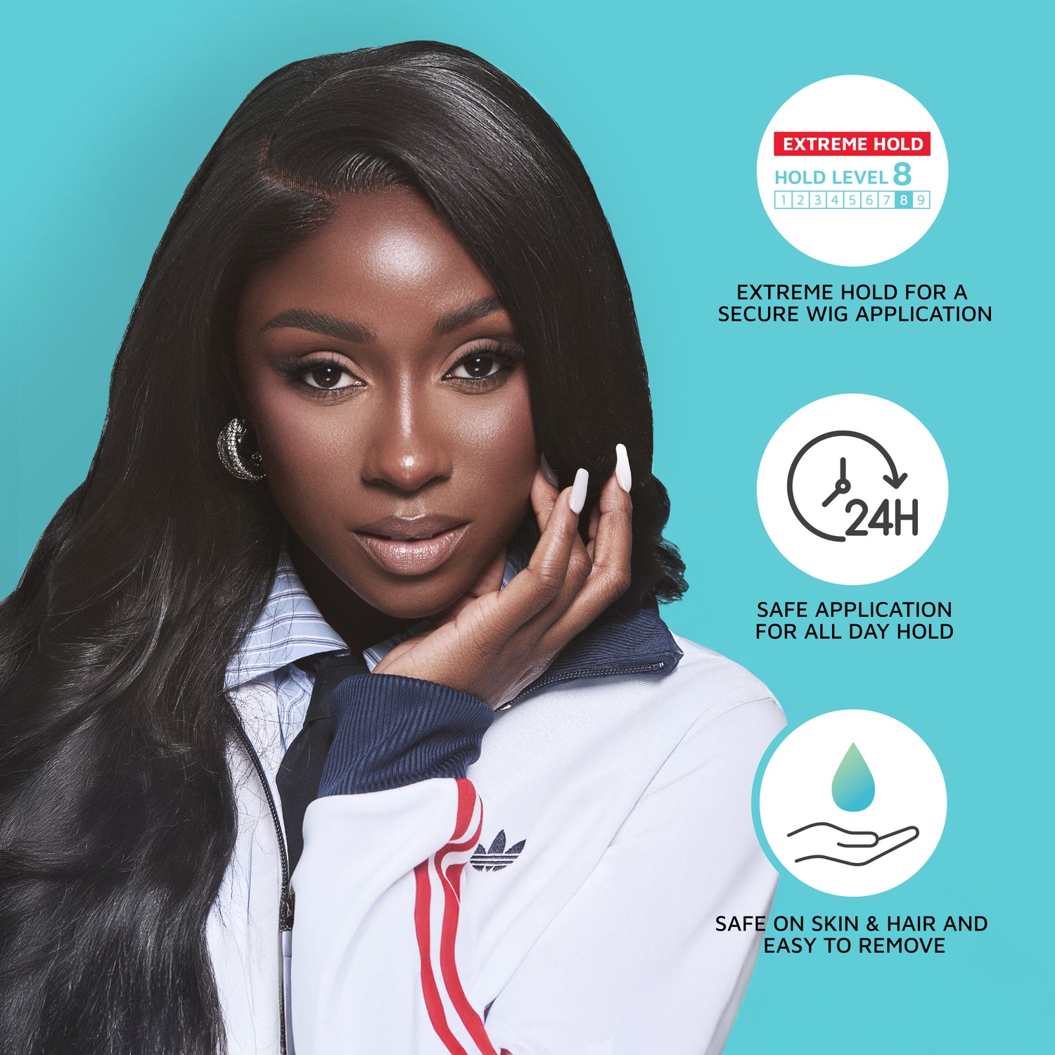 A woman with long black hair wearing a white and navy jacket against a blue background. Text highlights extreme hold for secure wig application, 24-hour safe hold, and safe on skin and hair with easy removal.