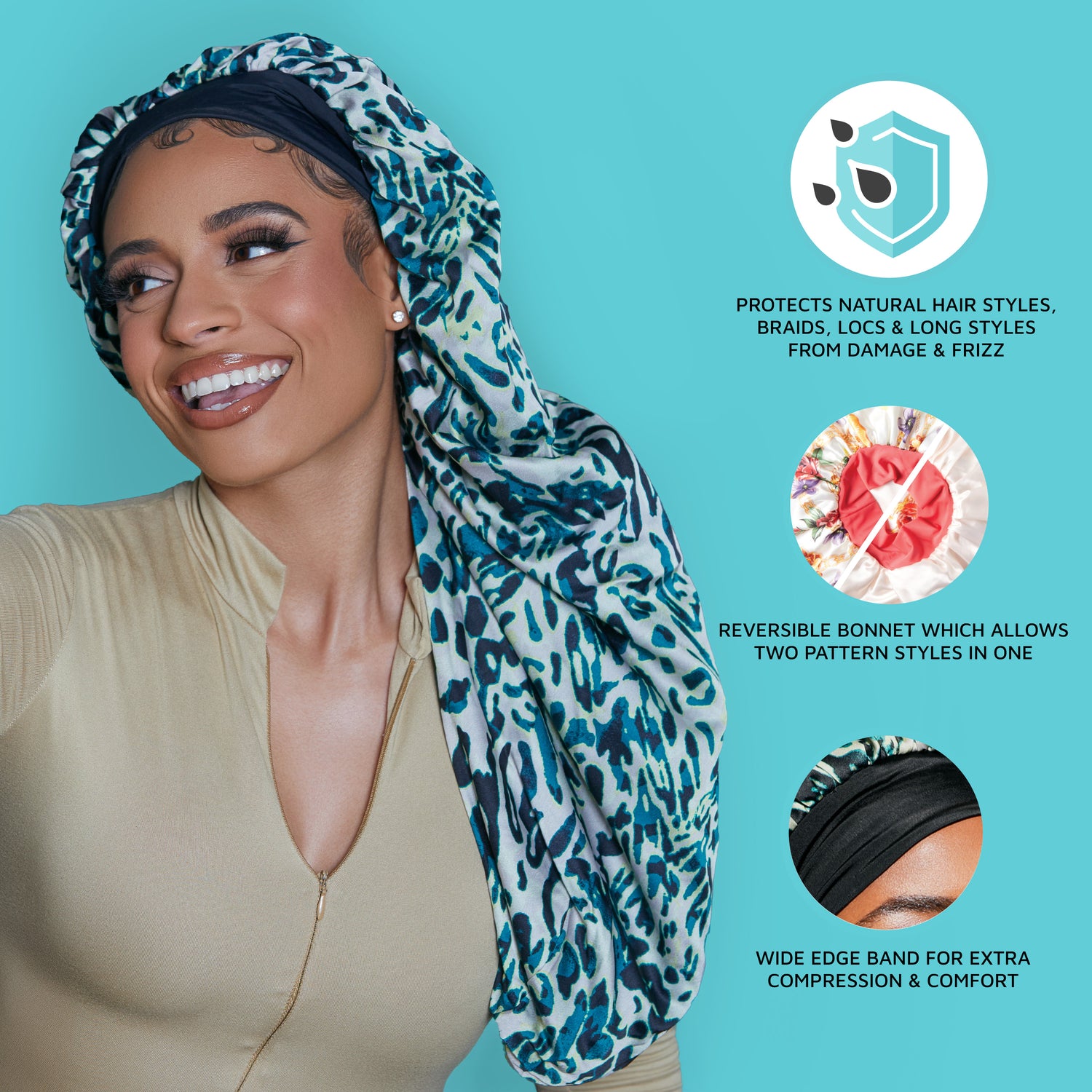 Smiling woman wearing a blue and black leopard print reversible satin braid bonnet, beige top against turquoise background with product benefits text.