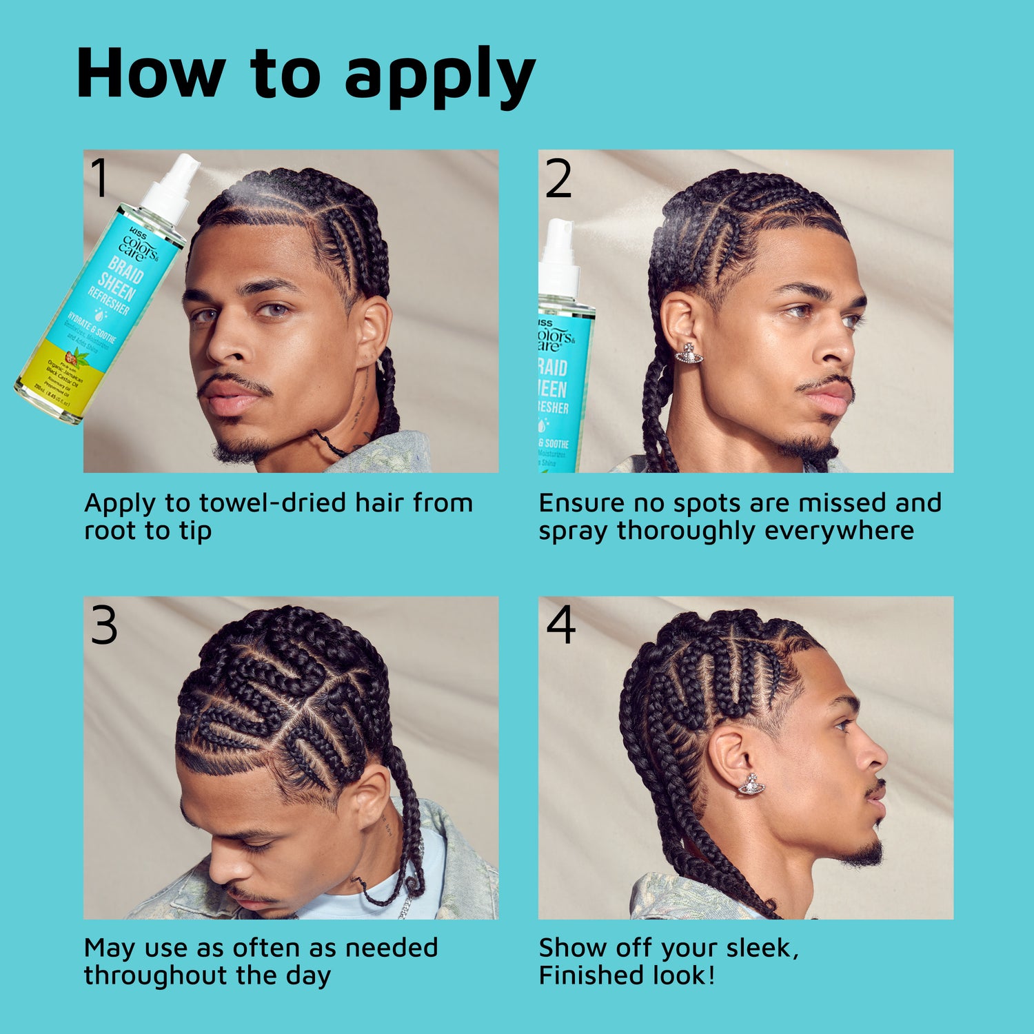 Four-step guide with a man spraying KISS Colors &amp; Care Braid Sheen Refresher on his braided hair, showing application from root to tip for a sleek finish.