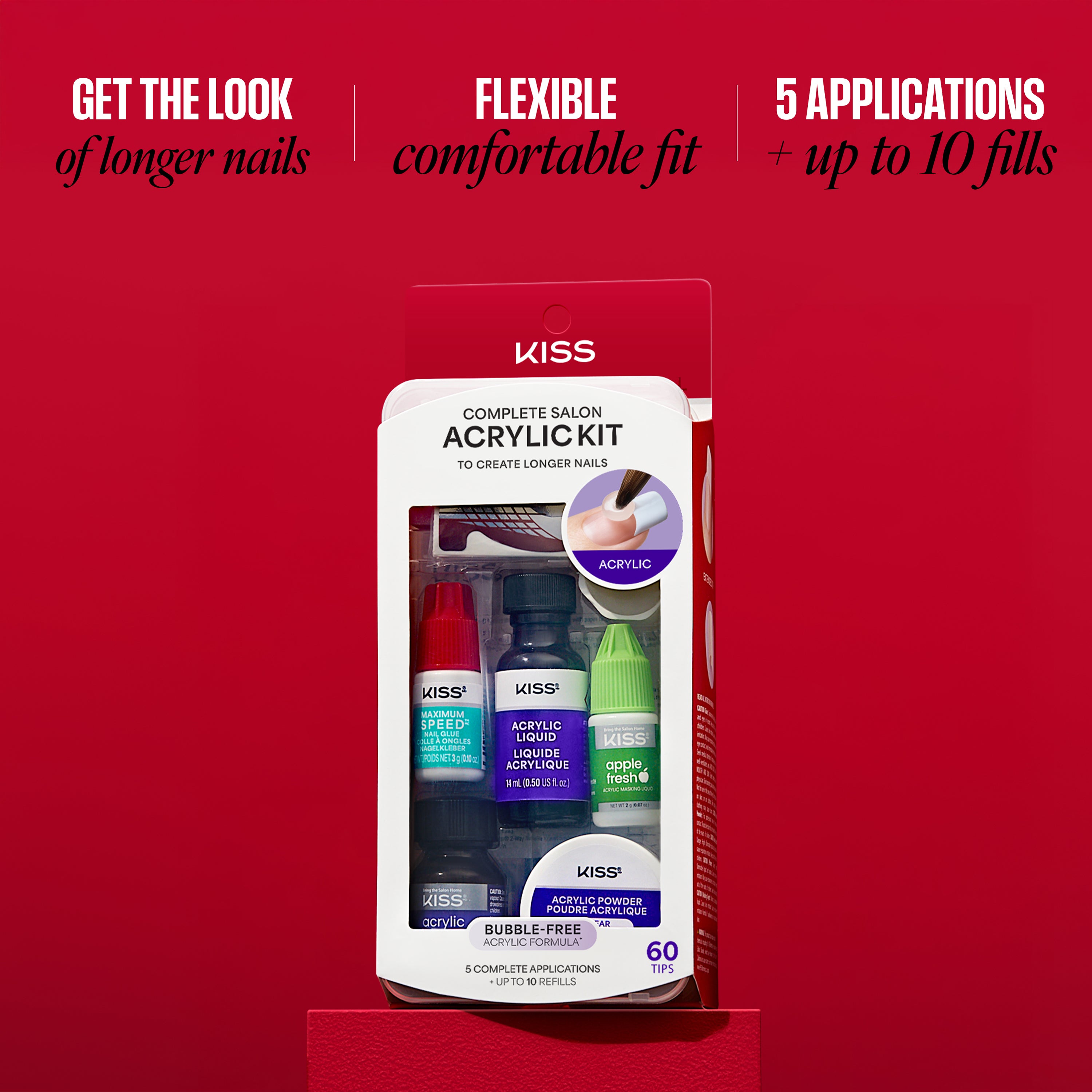 KISS acrylic kit packaging on a red background with product details.