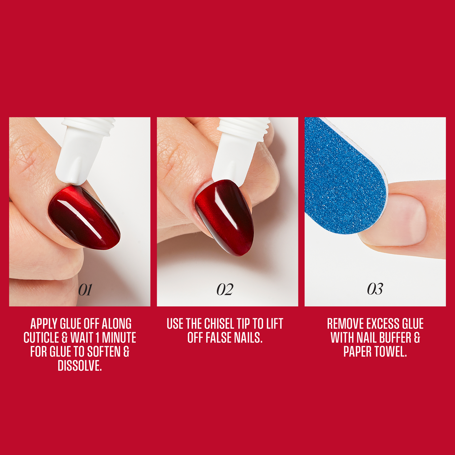 Step-by-step guide on removing false nails with a red background