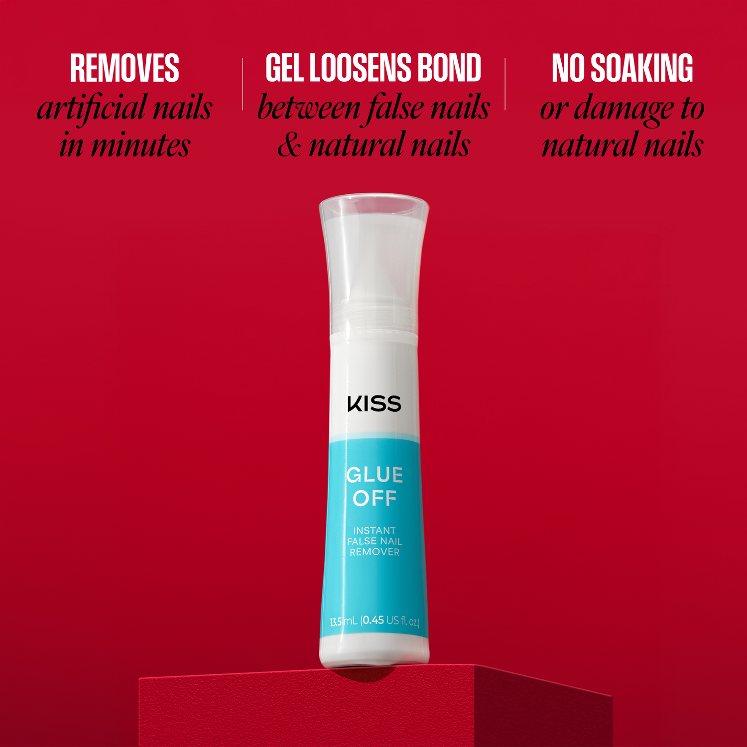 Kiss Glue Off remover bottle on a red background with product benefits text.