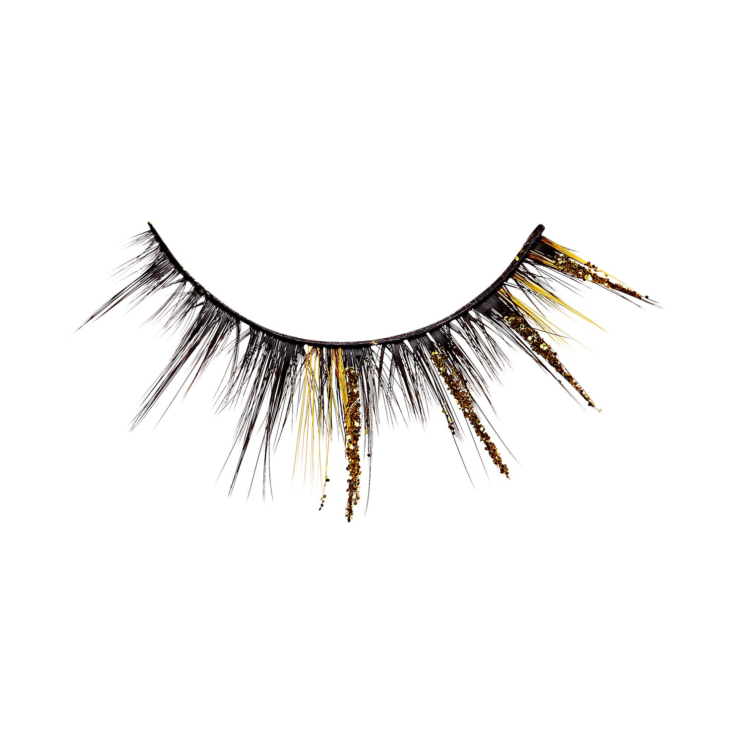 The image shows a single false eyelash. The eyelash is primarily black with a dramatic, voluminous design. It features additional decorative elements, including gold glitter and gold strands interspersed among the black lashes, giving it a striking and glamorous appearance. The lash is curved to fit the natural shape of the eyelid.