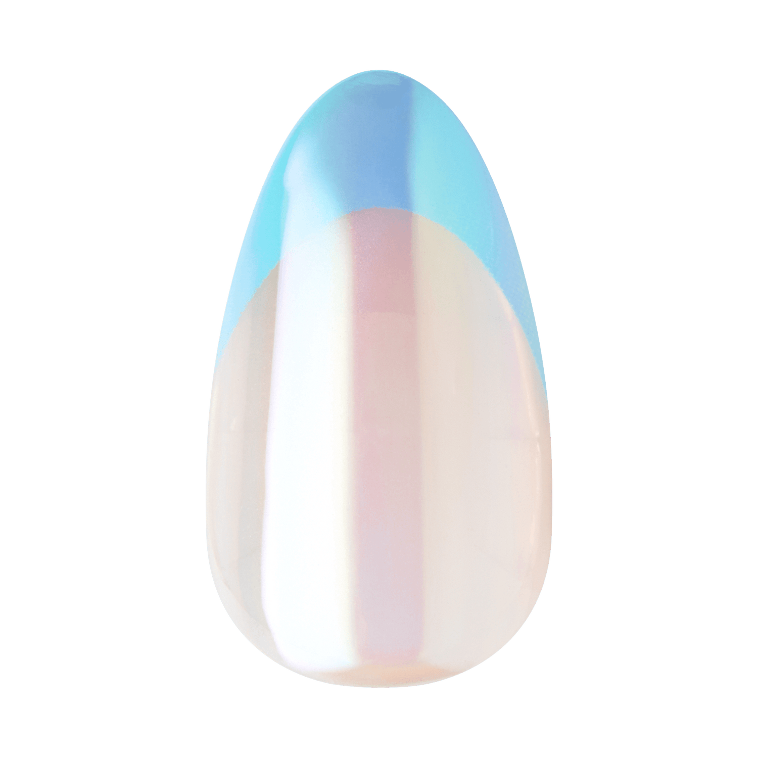 The image shows a single, elongated, oval-shaped object that appears to be a nail or a nail extension. The nail has a glossy, iridescent finish with a gradient effect. The color transitions from a light, pearlescent white at the base to a soft blue at the tip. The surface is smooth and reflective, giving it a polished and elegant appearance.
