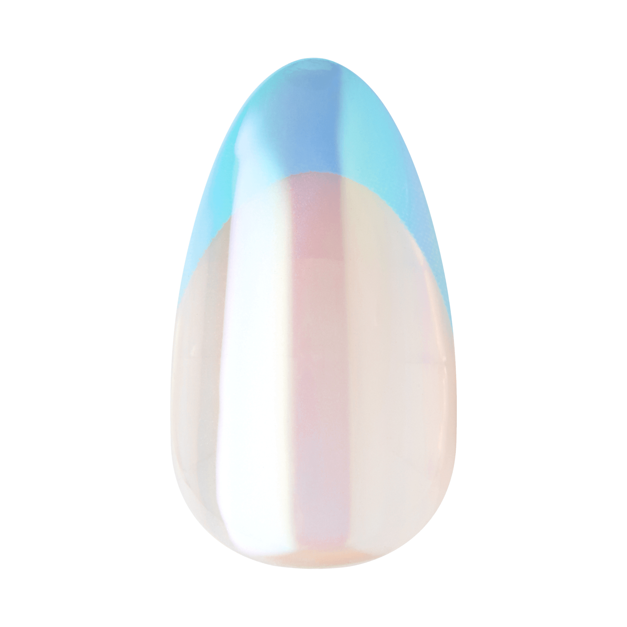The image shows a single, elongated, oval-shaped object that appears to be a nail or a nail extension. The nail has a glossy, iridescent finish with a gradient effect. The color transitions from a light, pearlescent white at the base to a soft blue at the tip. The surface is smooth and reflective, giving it a polished and elegant appearance.