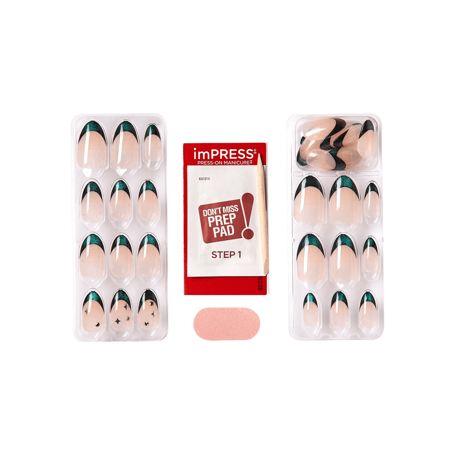 The image shows a set of artificial press-on nails and related accessories. The set includes two trays of press-on nails in various sizes, each with a design featuring a nude base color and dark green tips. Additionally, there is a red packet labeled "imPRESS" which contains a prep pad for nail preparation, marked as "STEP 1." There is also a small pink nail file included in the set. The overall presentation suggests a kit for at-home nail application.