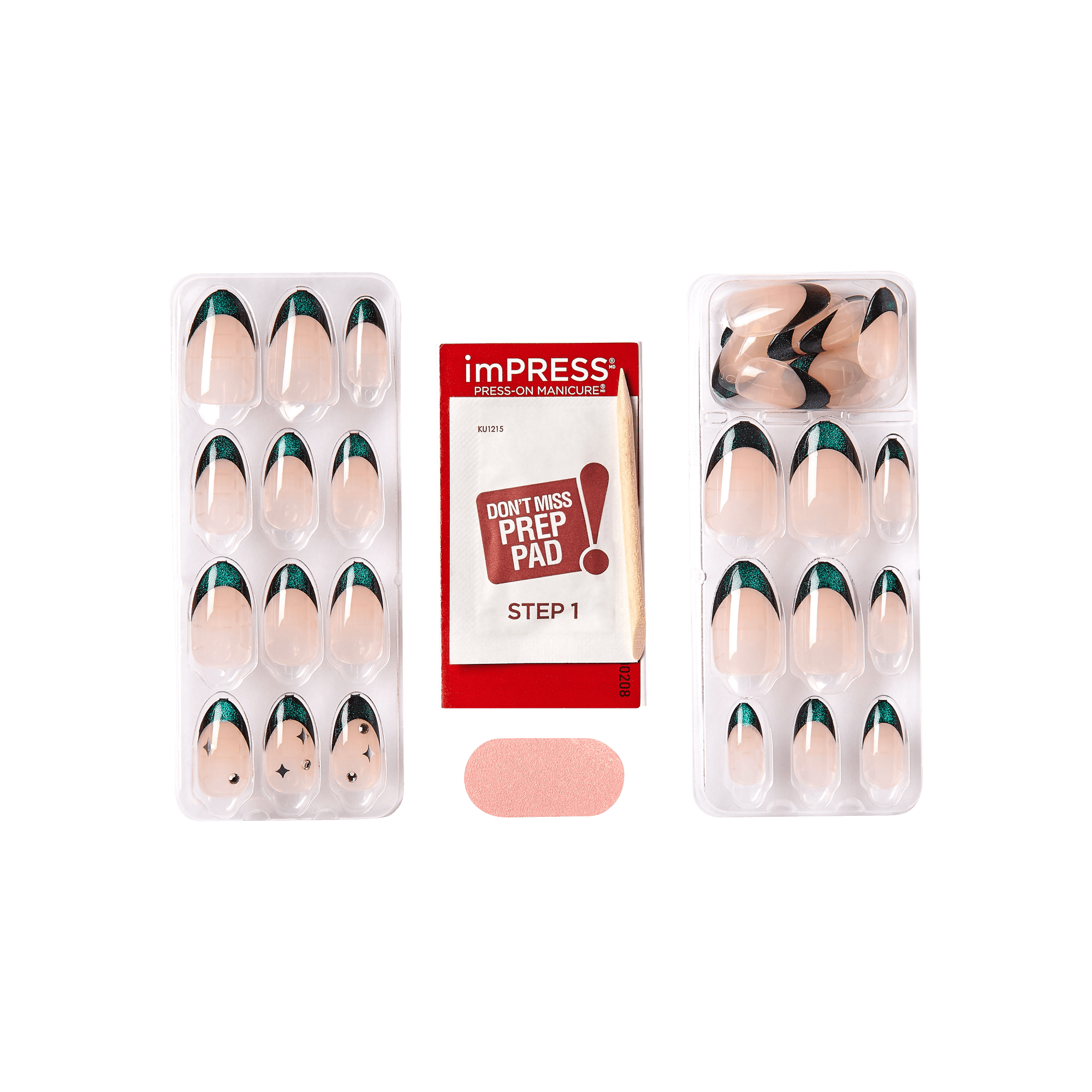 The image shows a set of artificial press-on nails and related accessories. The set includes two trays of press-on nails in various sizes, each with a design featuring a nude base color and dark green tips. Additionally, there is a red packet labeled "imPRESS" which contains a prep pad for nail preparation, marked as "STEP 1." There is also a small pink nail file included in the set. The overall presentation suggests a kit for at-home nail application.