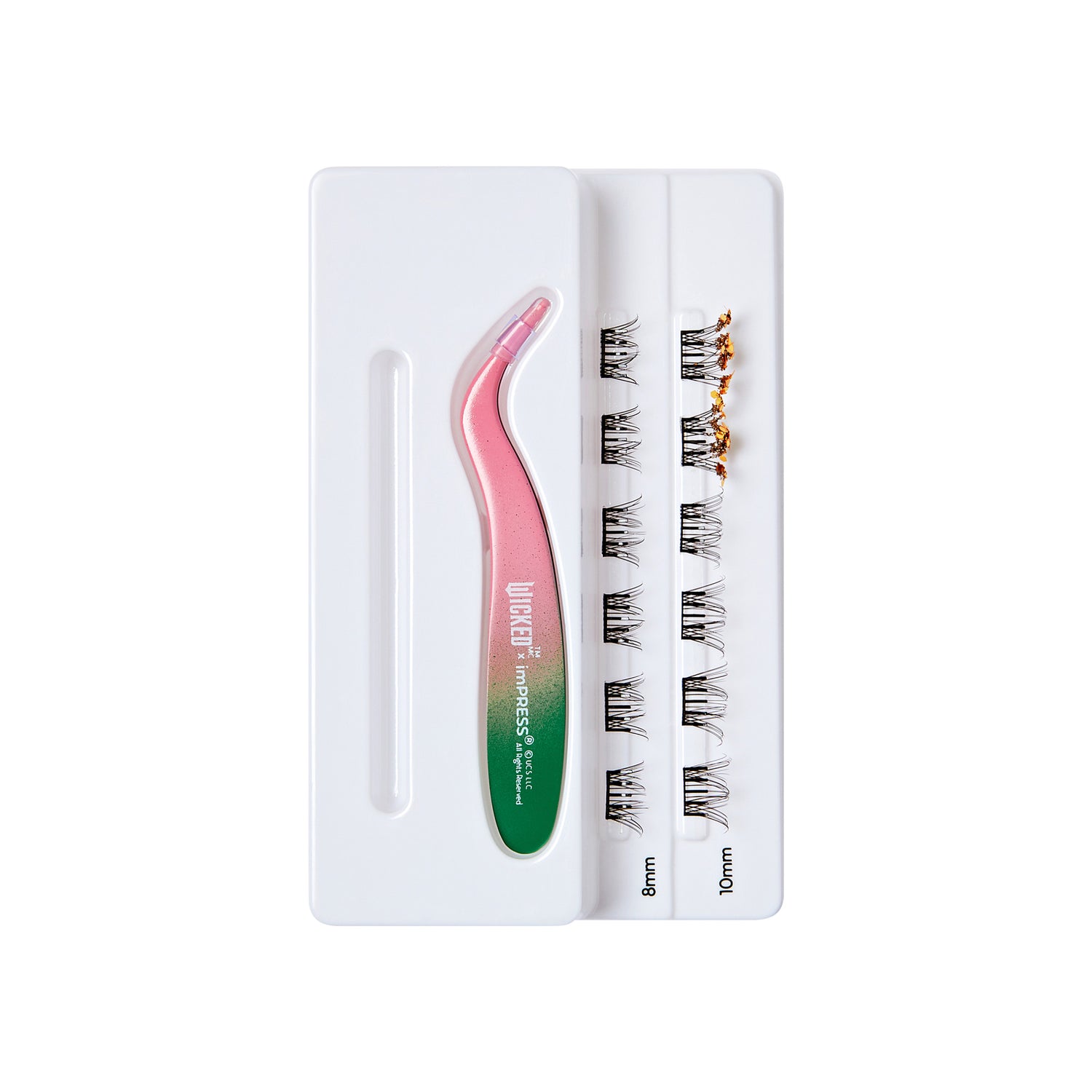 The image features a set of false eyelashes arranged in a white tray. The tray includes two sections labeled with different lengths: 8mm and 10mm. Accompanying the lashes is a pink and green tweezers tool, designed for easy application. The lashes appear to be neatly organized, showcasing a variety of styles for enhancing eye makeup.