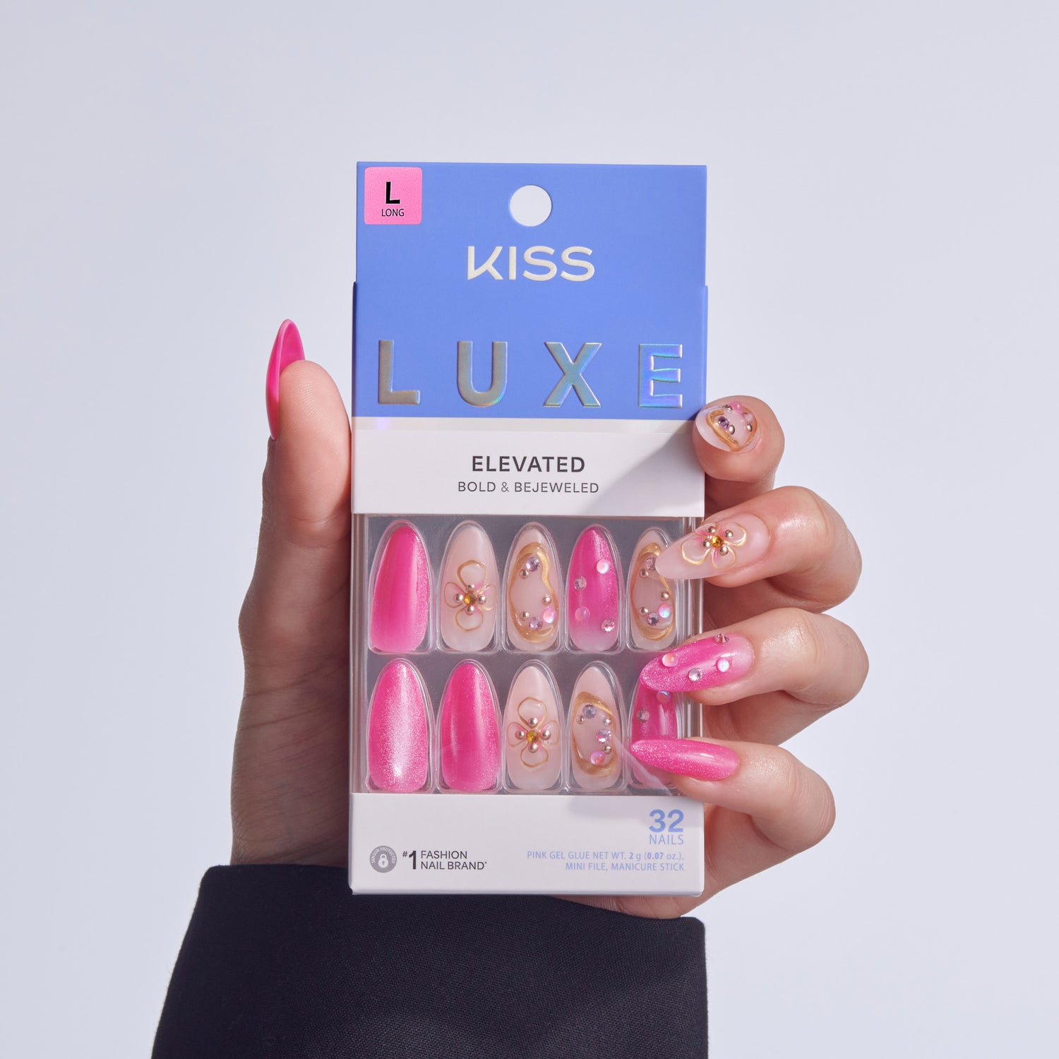 KISS Luxe Elevated press-on nails in pink with jeweled embellishments, 32-piece set