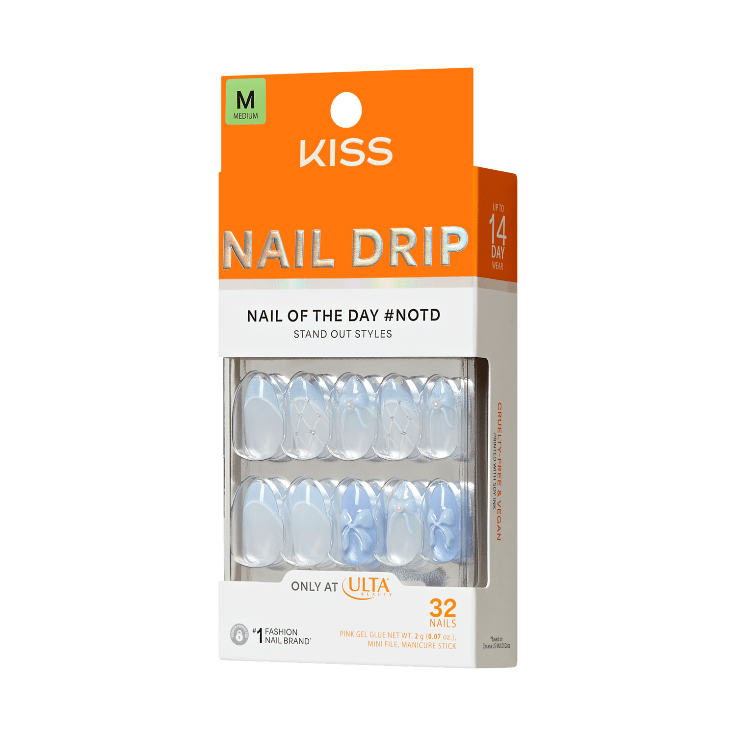 KISS Nail Drip medium fake nails in clear with blue marble design, 32-piece set