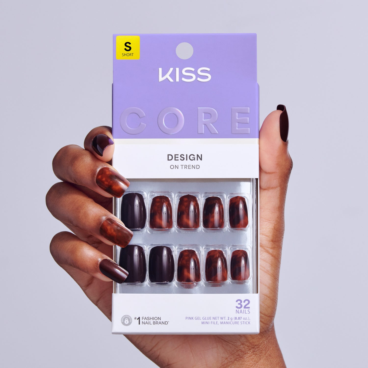 Kiss Core Design Press On Fake Glue Nails - Fallen For You | French Design, Brown, Short, Squoval