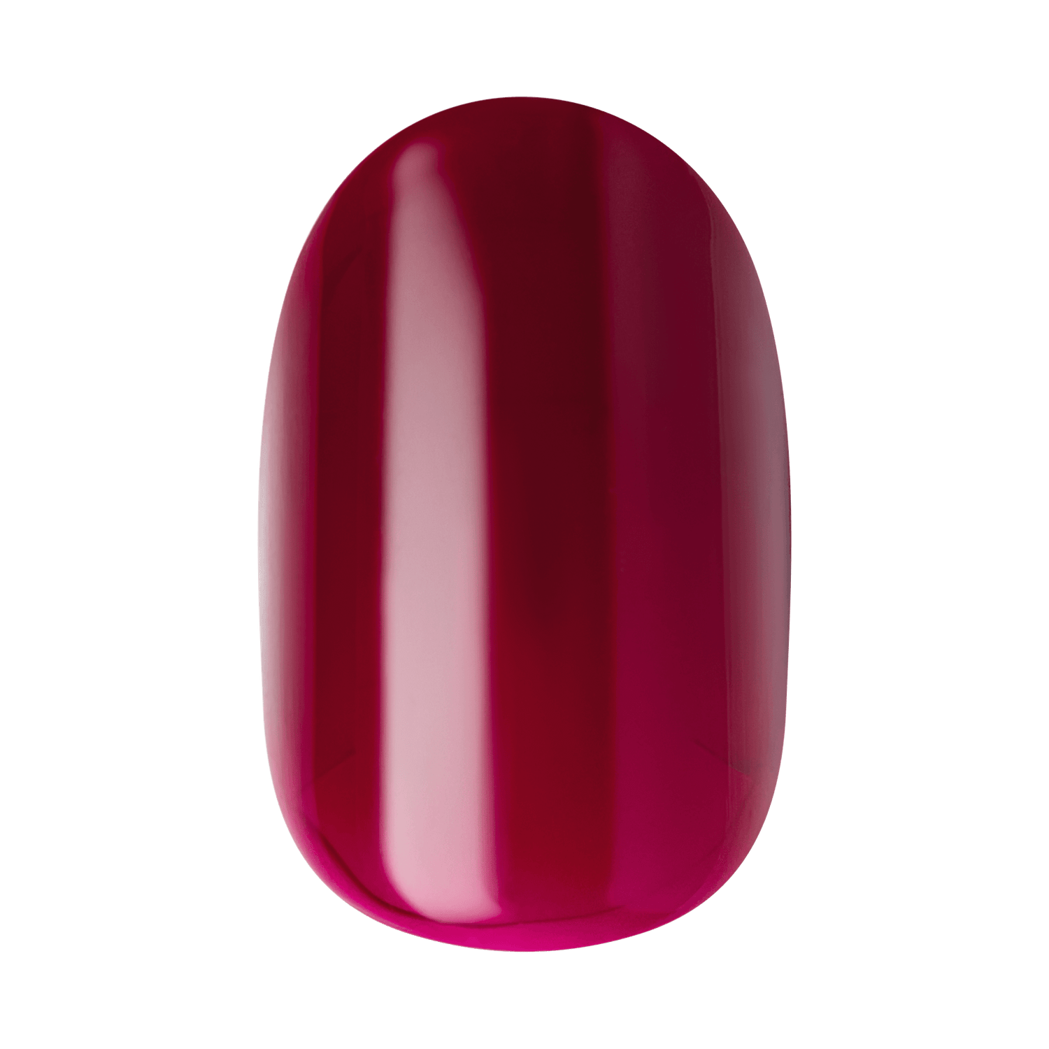 The image shows a close-up of a single, oval-shaped fingernail painted with a glossy, deep red nail polish. The surface of the nail is smooth and shiny, reflecting light to create highlights that enhance the polished look. The color is rich and vibrant, giving the nail a sophisticated and elegant appearance.
