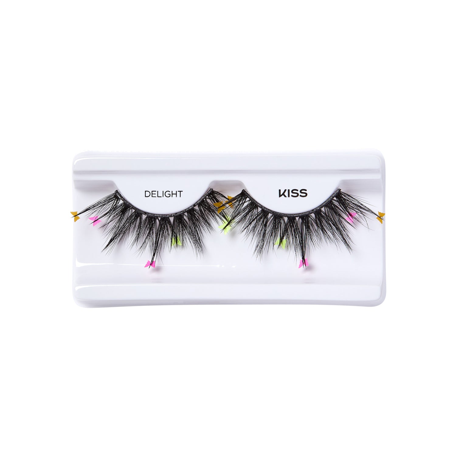 Pair of black false eyelashes with colorful neon pink, yellow, and orange accents on a white tray labeled \