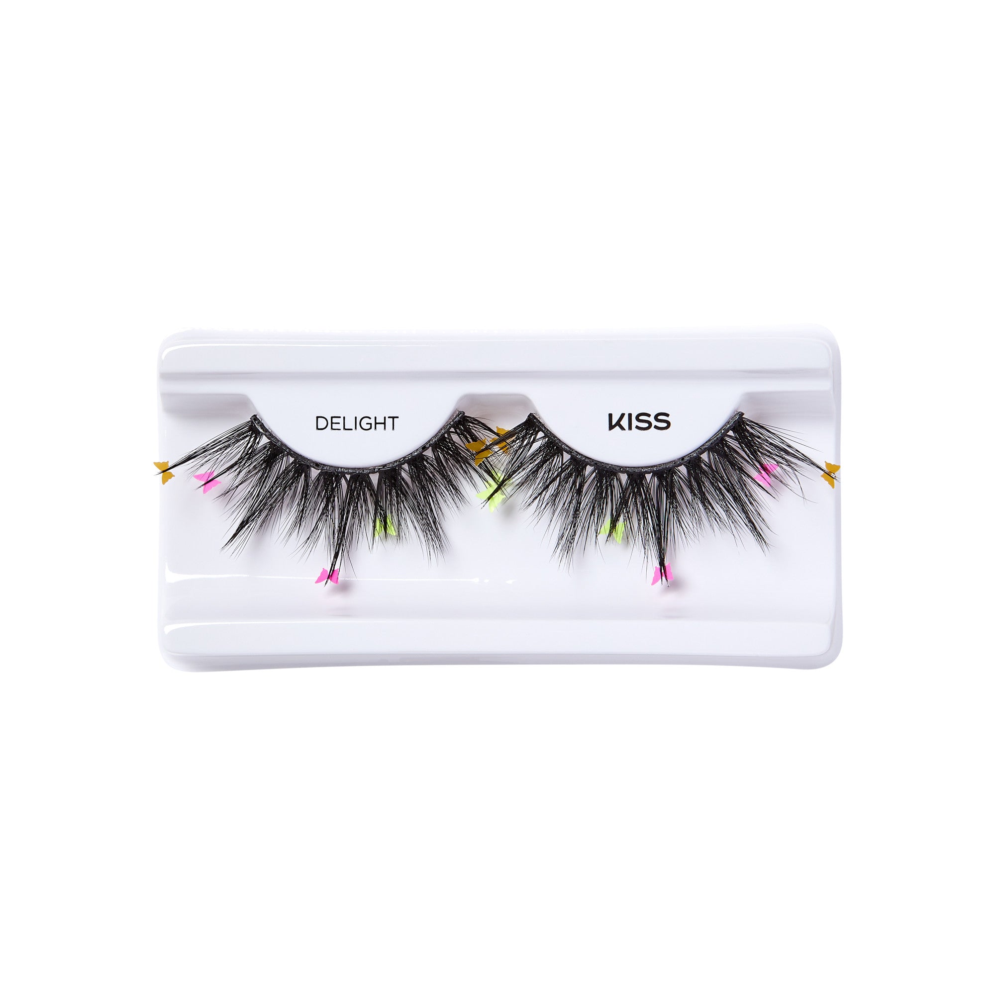 Pair of black false eyelashes with colorful neon pink, yellow, and orange accents on a white tray labeled \