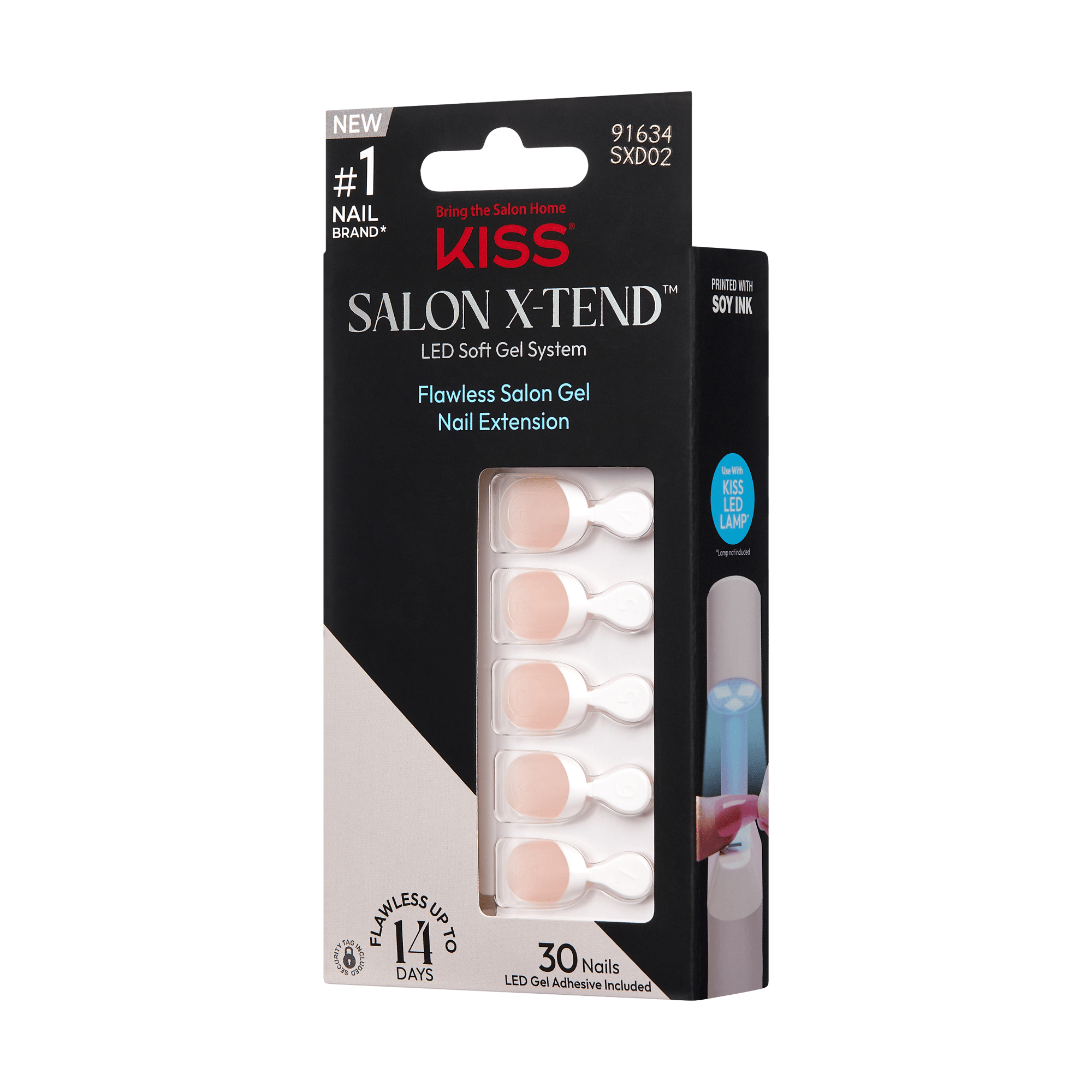 KISS Salon X-tend Press On Gel Nails packaging in black and beige, showing 5 nude gel nail tips, claiming flawless salon gel nail extension up to 14 days.