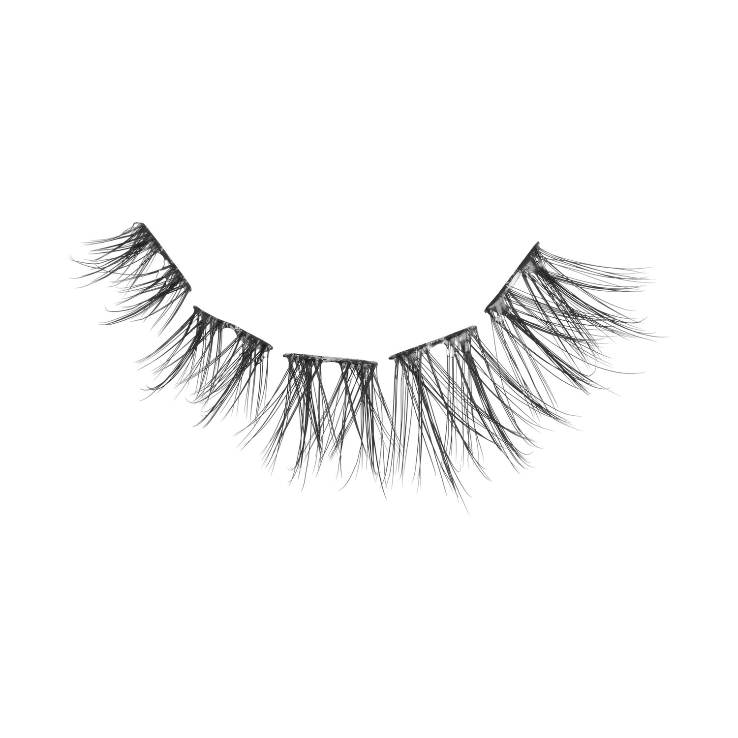 Pair of black false eyelashes with wispy, layered lashes on white background.
