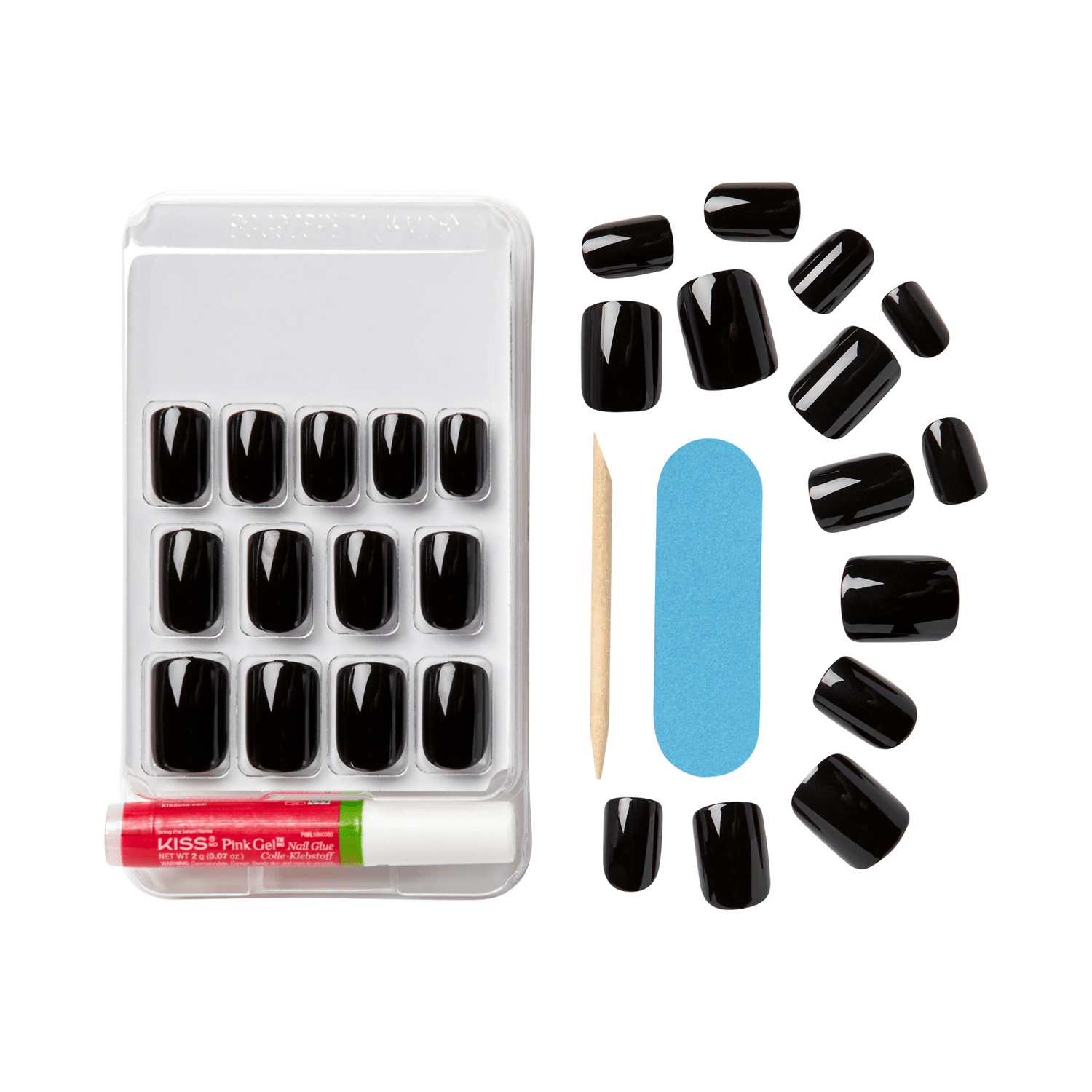 The image shows a set of artificial black nails along with some accessories for application. The set includes:

1. A tray containing multiple black artificial nails of various sizes.
2. A small tube of adhesive labeled "KISS Pink Gel."
3. A wooden cuticle stick.
4. A blue nail file.

The items are arranged neatly, with the nails displayed in a semi-circle around the accessories. The set appears to be a complete kit for applying artificial nails at home.