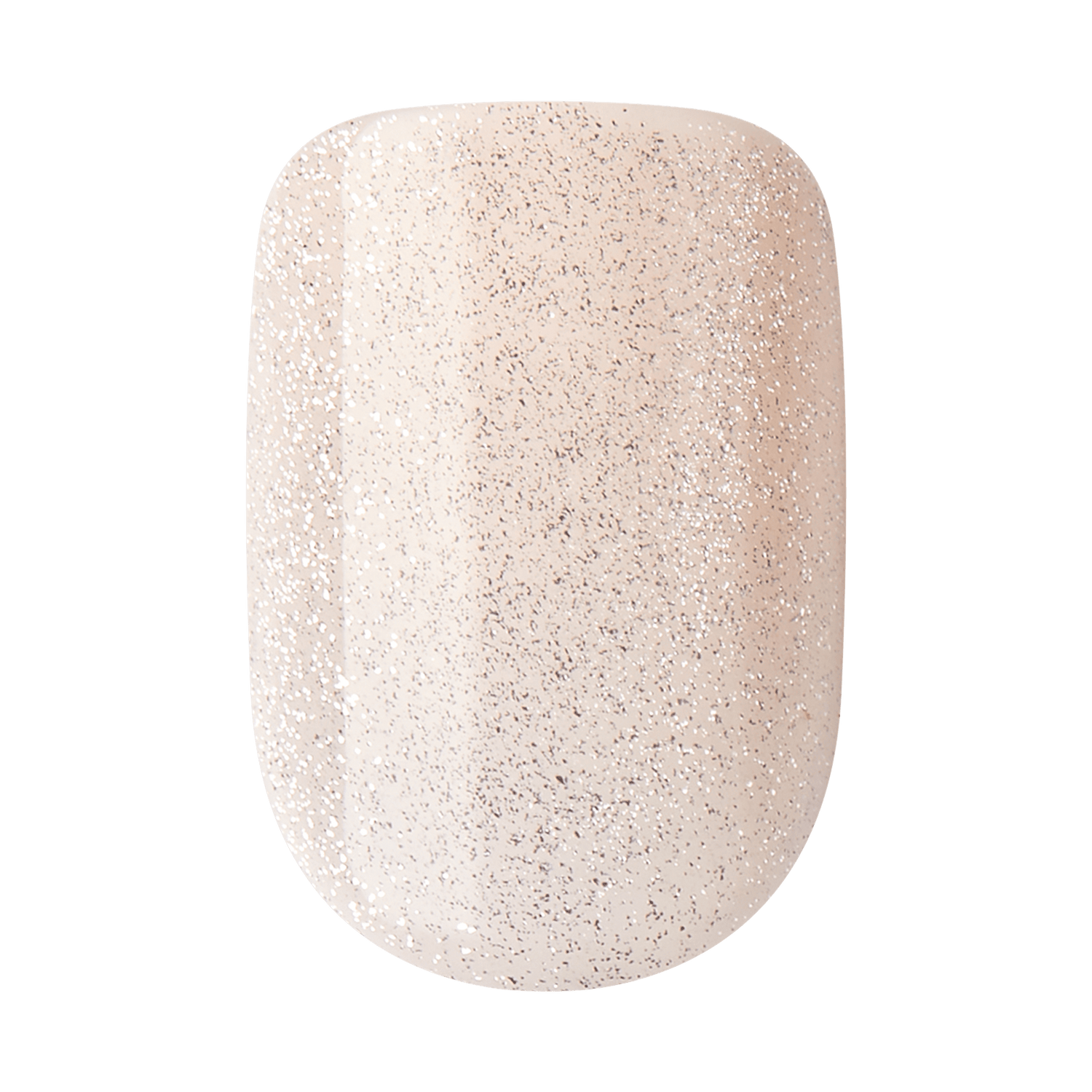 The image shows a single artificial nail with a smooth, rounded shape. The nail has a light, creamy beige base color and is adorned with fine, silver glitter that is evenly distributed across the surface, giving it a sparkly and elegant appearance. The glitter adds a touch of glamour to the otherwise simple and neutral base color.