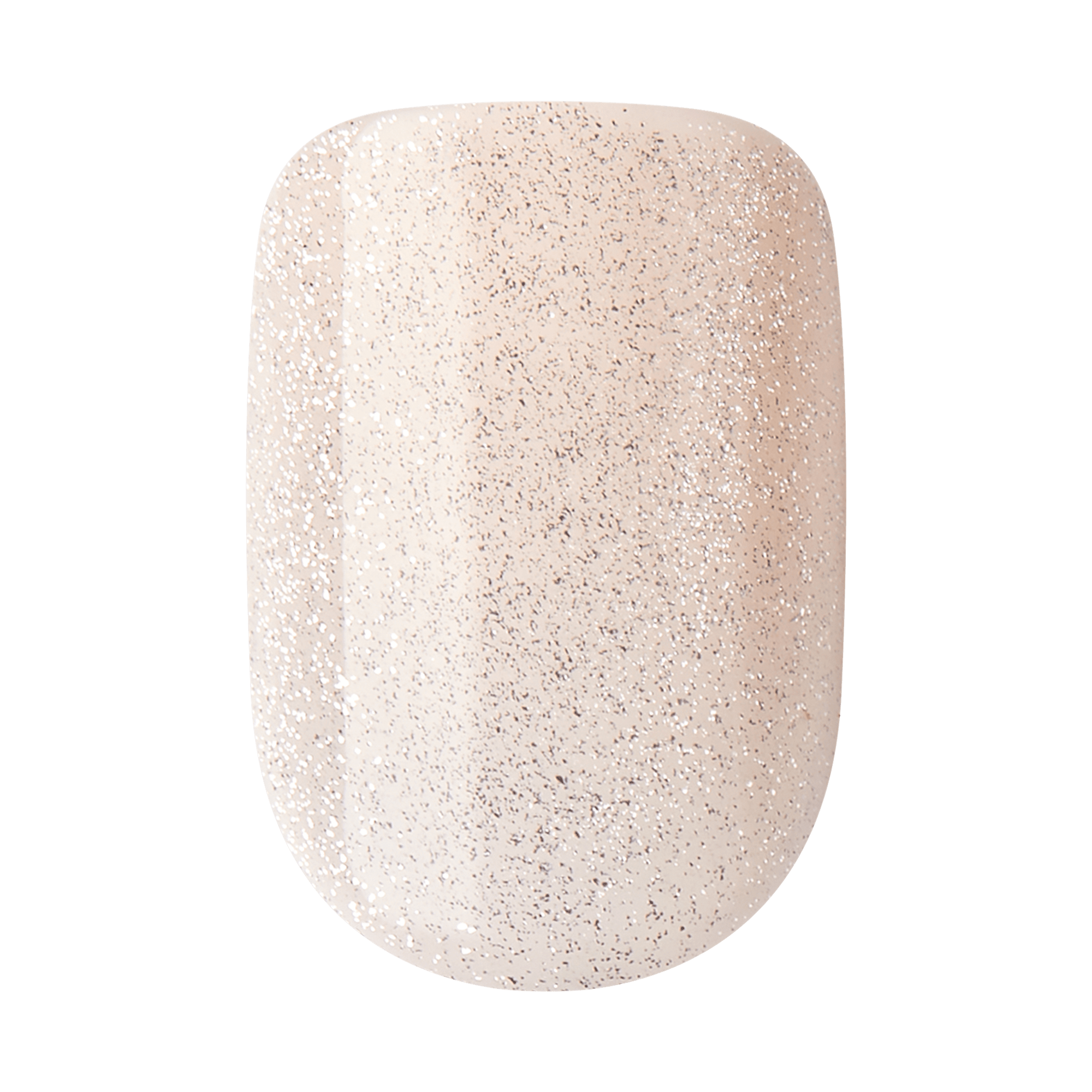 The image shows a single artificial nail with a smooth, rounded shape. The nail has a light, creamy beige base color and is adorned with fine, silver glitter that is evenly distributed across the surface, giving it a sparkly and elegant appearance. The glitter adds a touch of glamour to the otherwise simple and neutral base color.