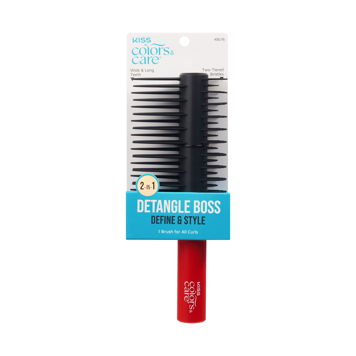 KISS Colors &amp; Care Detangle Boss 2-in-1 hairbrush with wide, long teeth and two-tiered bristles; red handle with blue and white packaging.