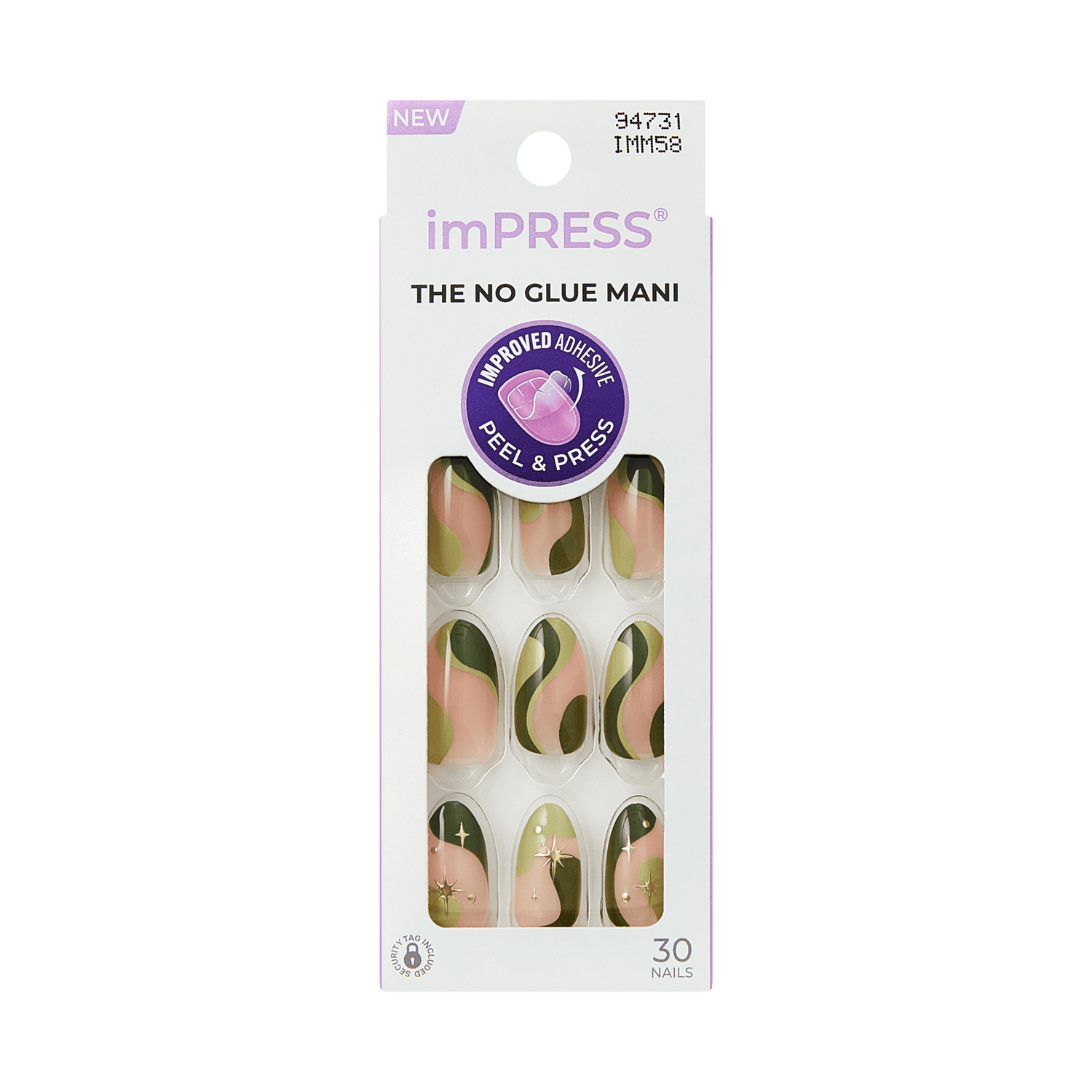 The image features a package of imPRESS press-on nails. The design showcases a variety of nail styles in a color palette that includes shades of green, pink, and beige, with abstract patterns. The packaging is sleek and modern, labeled "NEW" and highlighting the "NO GLUE MANI" feature. It also mentions an "improved adhesive" for easy application, and the package contains a total of 30 nails. The overall look is stylish and appealing for those interested in nail art.