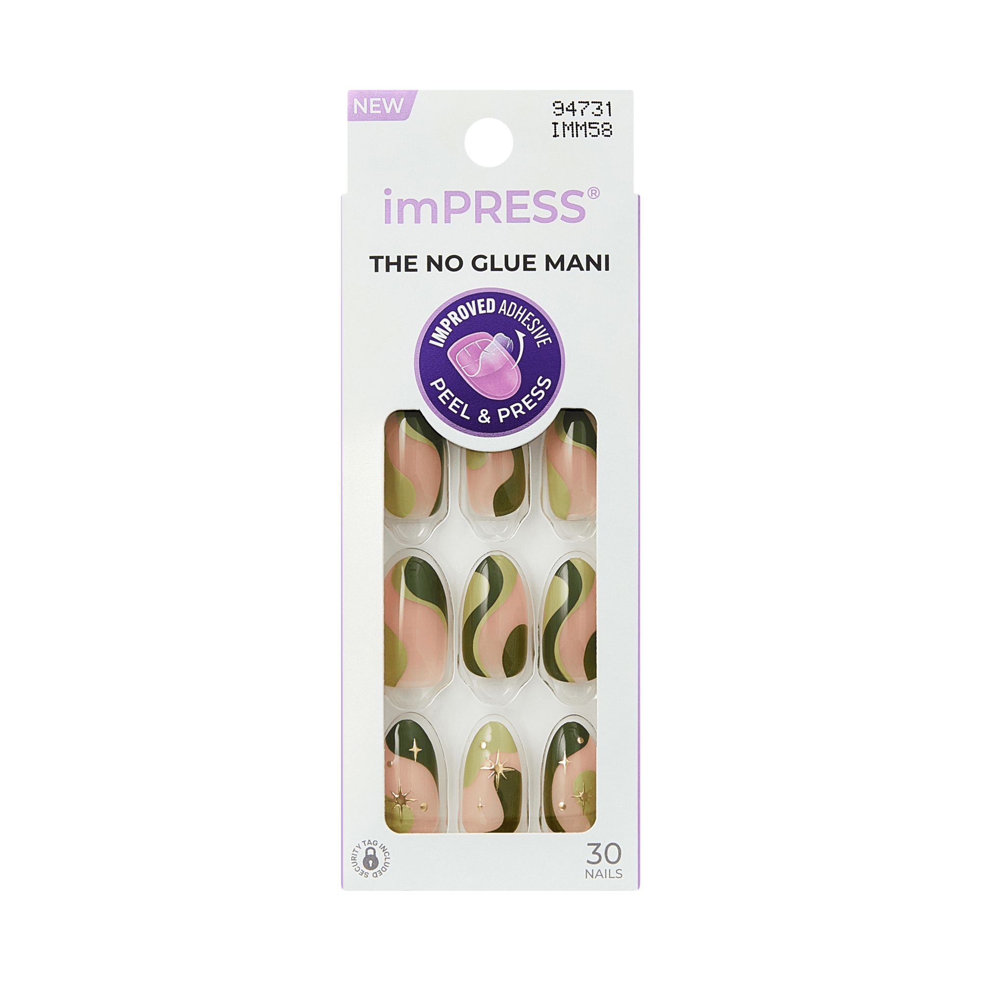 The image features a package of imPRESS press-on nails. The design showcases a variety of nail styles in a color palette that includes shades of green, pink, and beige, with abstract patterns. The packaging is sleek and modern, labeled "NEW" and highlighting the "NO GLUE MANI" feature. It also mentions an "improved adhesive" for easy application, and the package contains a total of 30 nails. The overall look is stylish and appealing for those interested in nail art.
