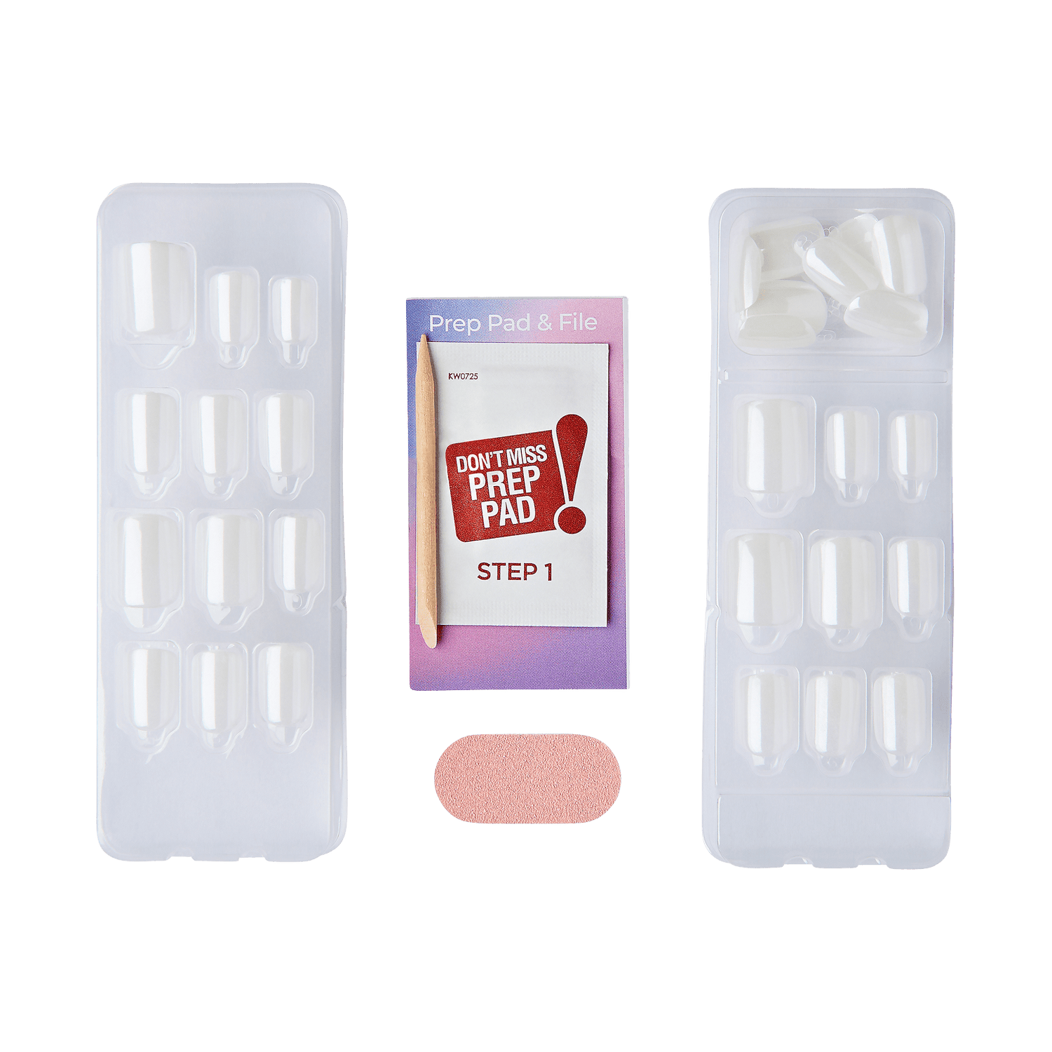 The image shows a nail care kit. The kit includes two plastic trays, each containing a set of artificial nails. In the center, there is a small packet labeled "Prep Pad &amp; File" with the text "DON&