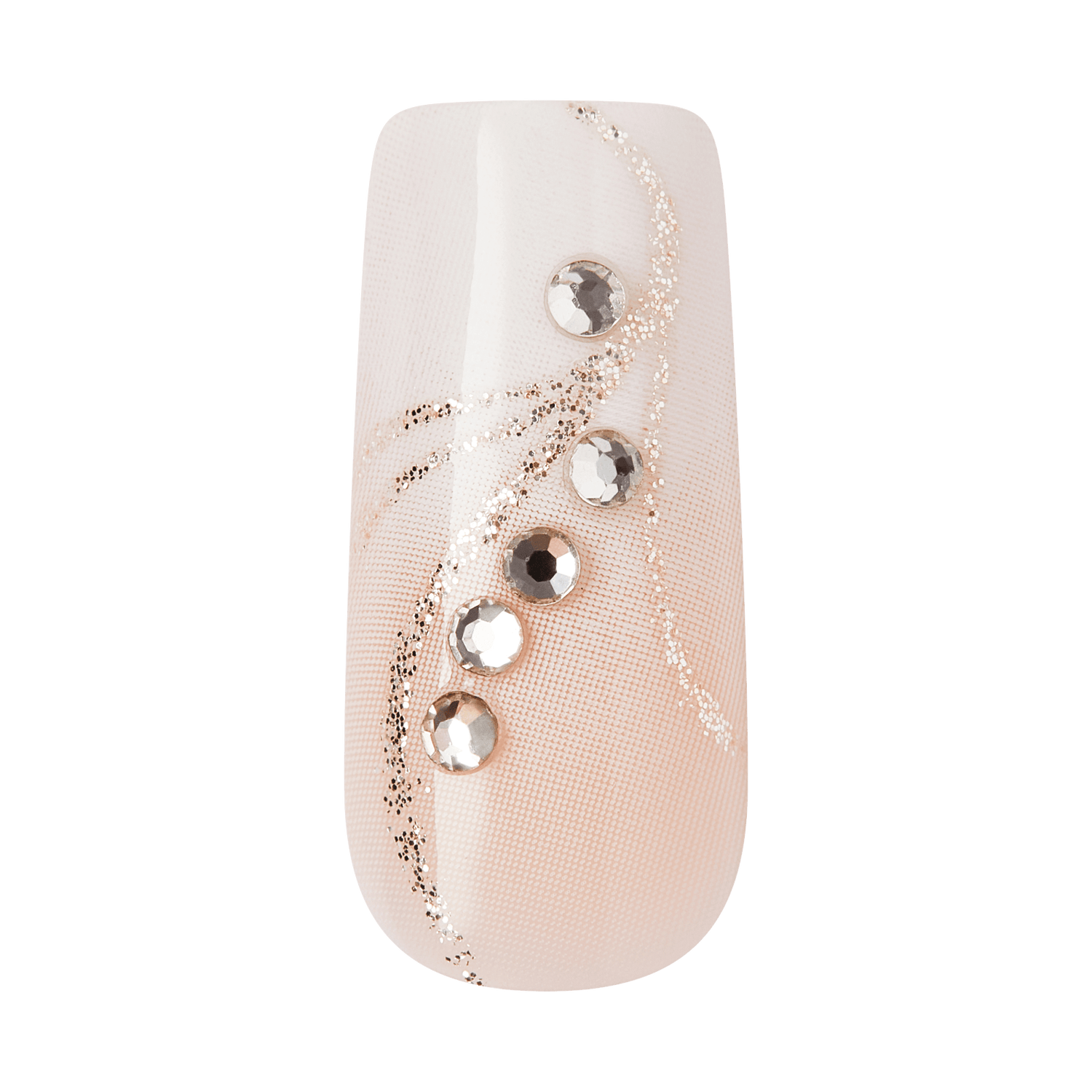 Nude nail polish with rhinestone embellishments and glitter swirl design