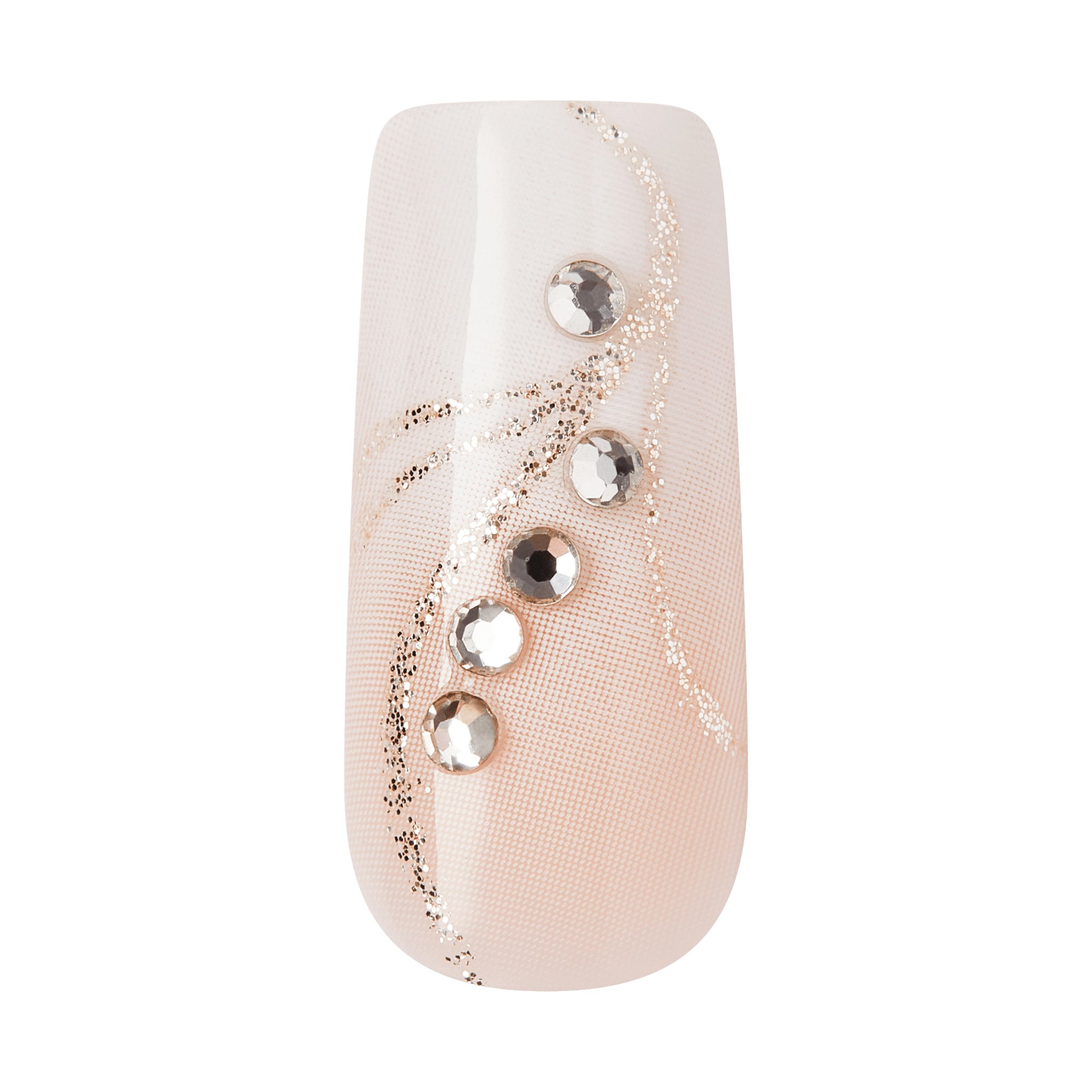 Nude nail polish with rhinestone embellishments and glitter swirl design