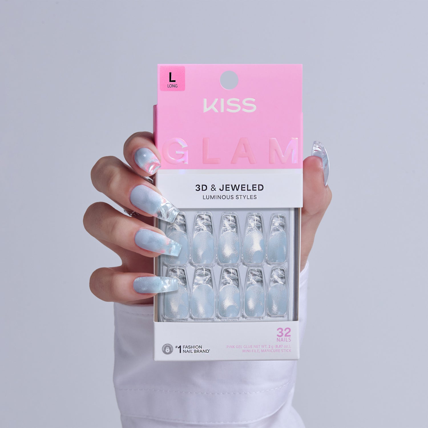 KISS Glam 3D &amp; Jeweled press-on nails in iridescent silver, size L, 32 nails.