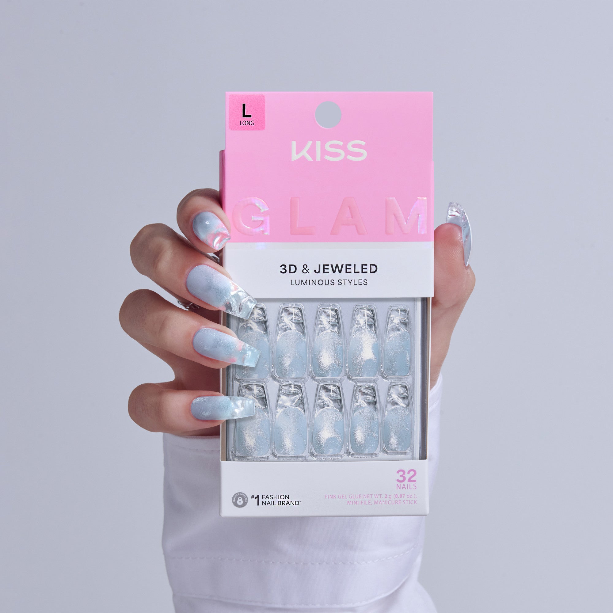 KISS Glam 3D &amp; Jeweled press-on nails in iridescent silver, size L, 32 nails.