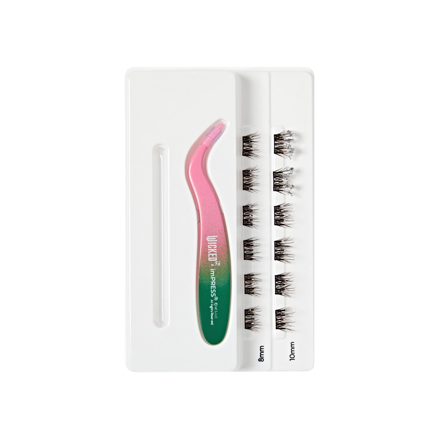 The image features a lash extension kit. It includes a white tray that holds individual lash clusters in two different lengths: 8mm and 10mm. A pink and green applicator tool is positioned next to the lashes, designed for easy application. The overall presentation is clean and organized, highlighting the lash extensions and the tool for use.