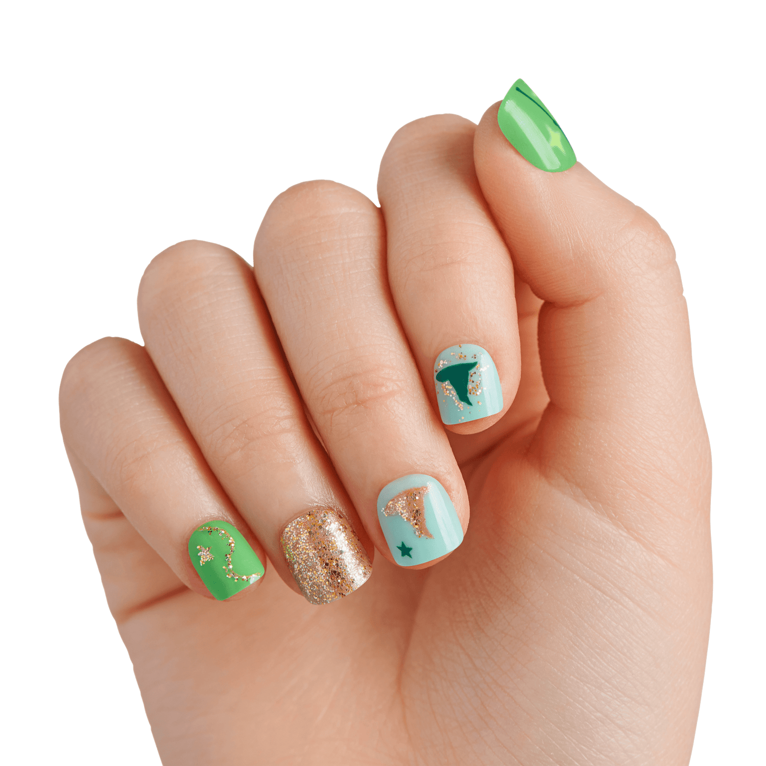 The image features a hand with a stylish manicure showcasing a variety of nail designs. The nails are painted in a mix of colors, including vibrant green, soft mint, and a sparkling gold. One nail has a shiny gold glitter finish, while others display playful designs, including stars and abstract shapes. The overall look is fun and trendy, perfect for a fashionable statement.