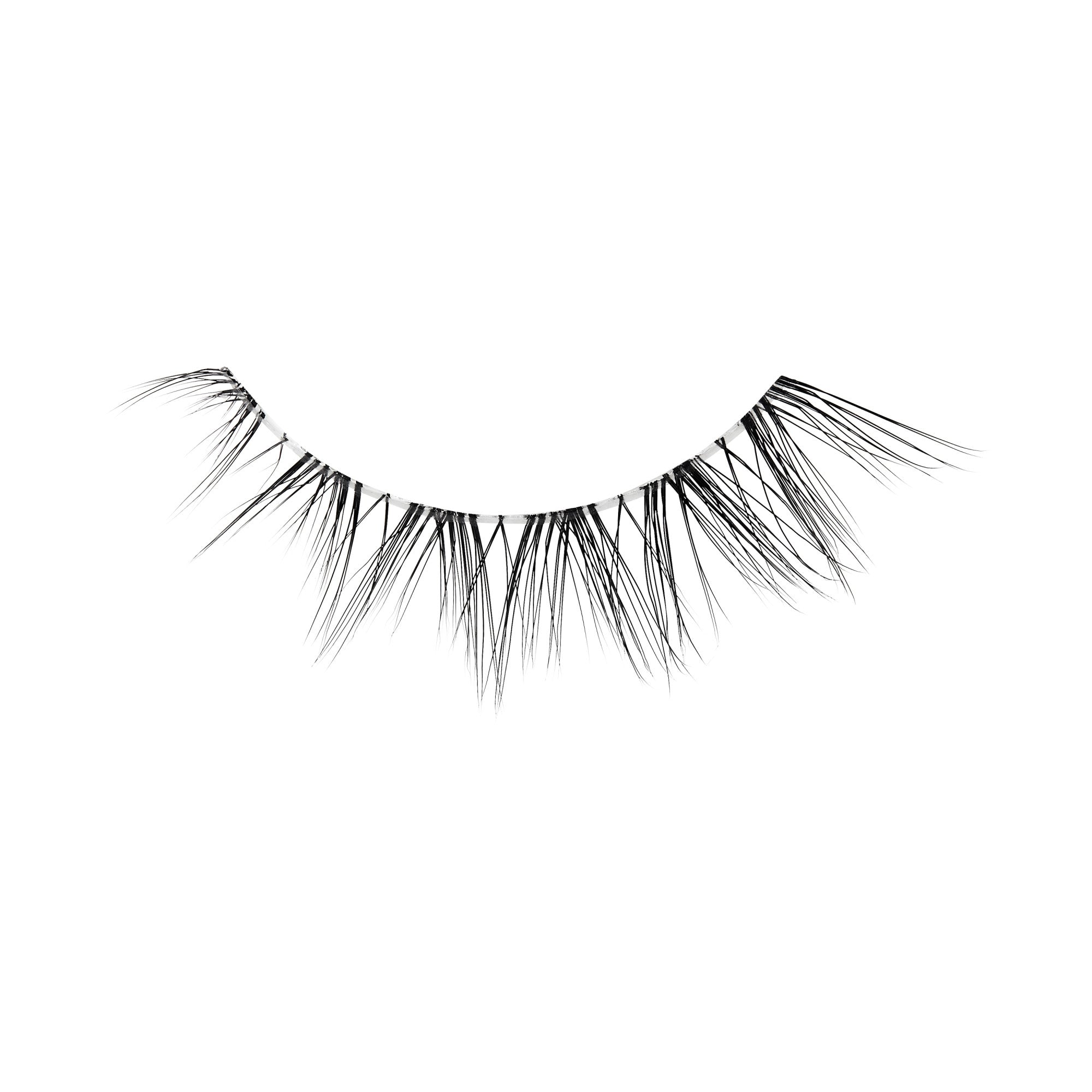 The image features a pair of false eyelashes displayed against a plain white background. The lashes are long and wispy, with varying lengths that create a natural, fluttery appearance. They are arranged in a curved shape, designed to enhance the eyes by adding volume and length. The overall look is elegant and suitable for makeup applications.