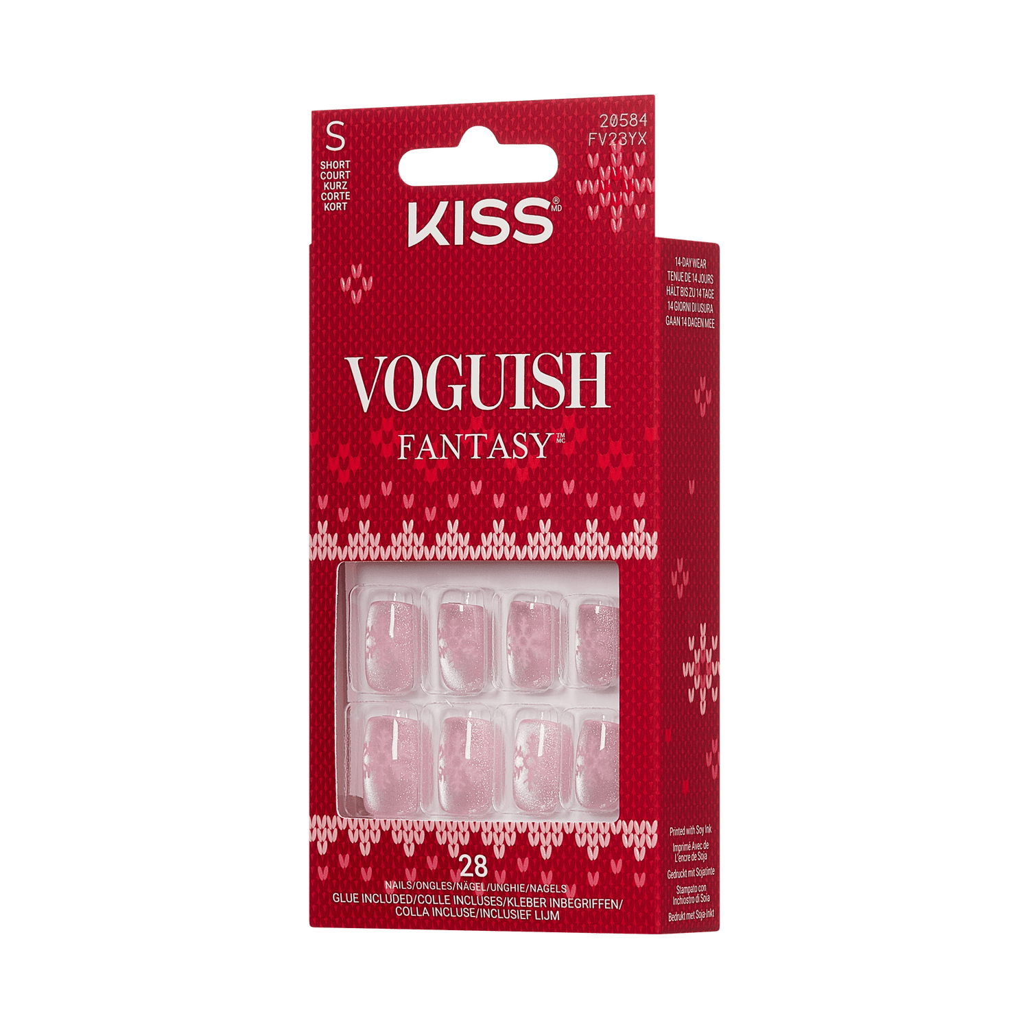 Red packaging for KISS Voguish Fantasy press-on nails in size short, showing 28 pink nails with white frosty snowflake designs, includes glue, 14-day wear claim.