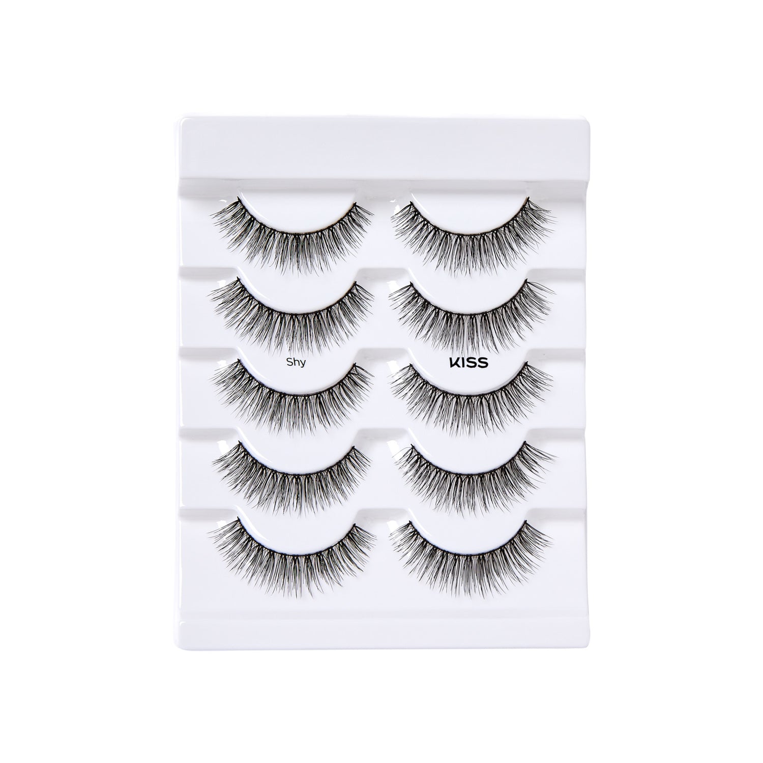 Multipack of five pairs of black false eyelashes arranged on a white plastic tray, labeled \