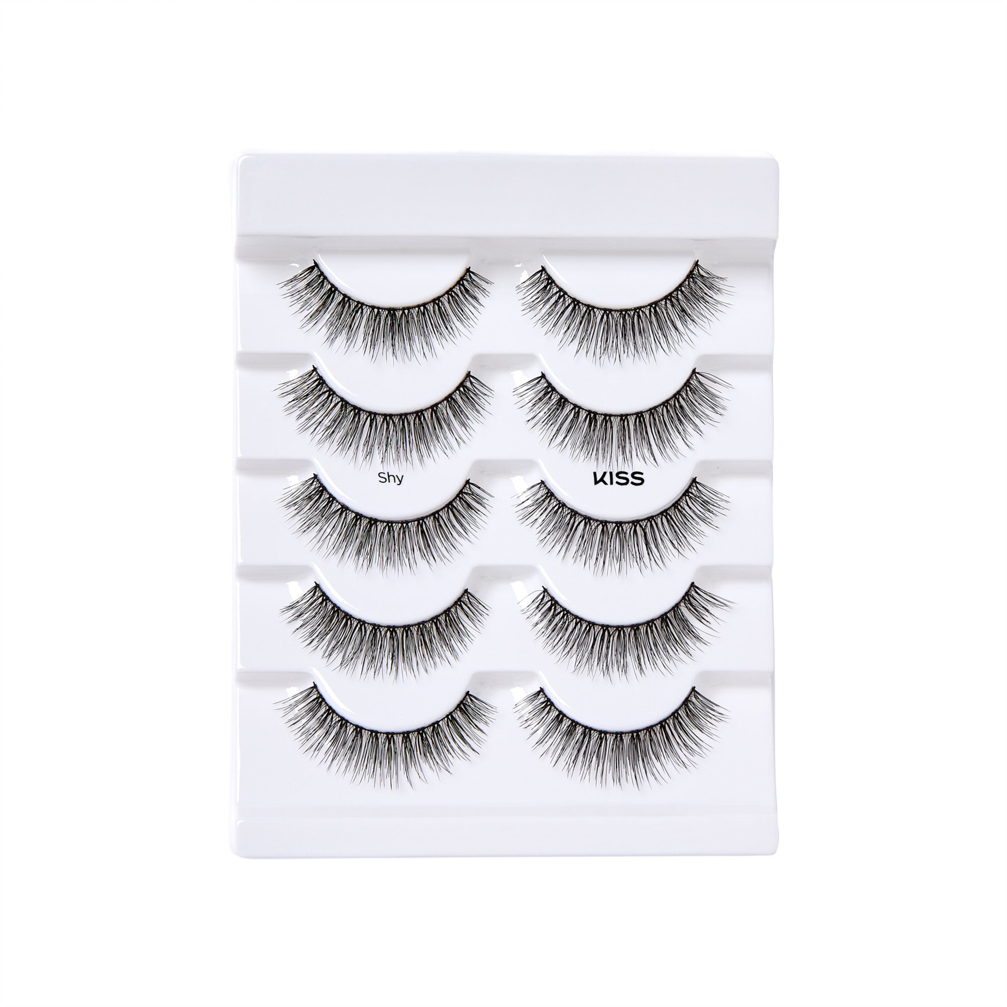 Multipack of five pairs of black false eyelashes arranged on a white plastic tray, labeled \