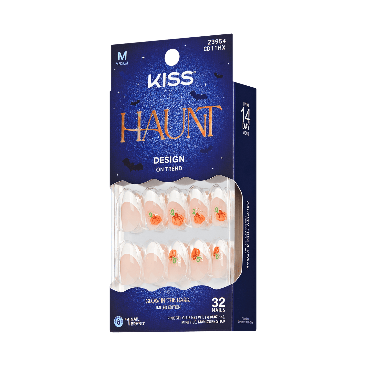 Kiss Haunt Halloween Press On Fake Glue Nails - Spook Me | French Design, White, Medium, Almond, Glow In The Dark