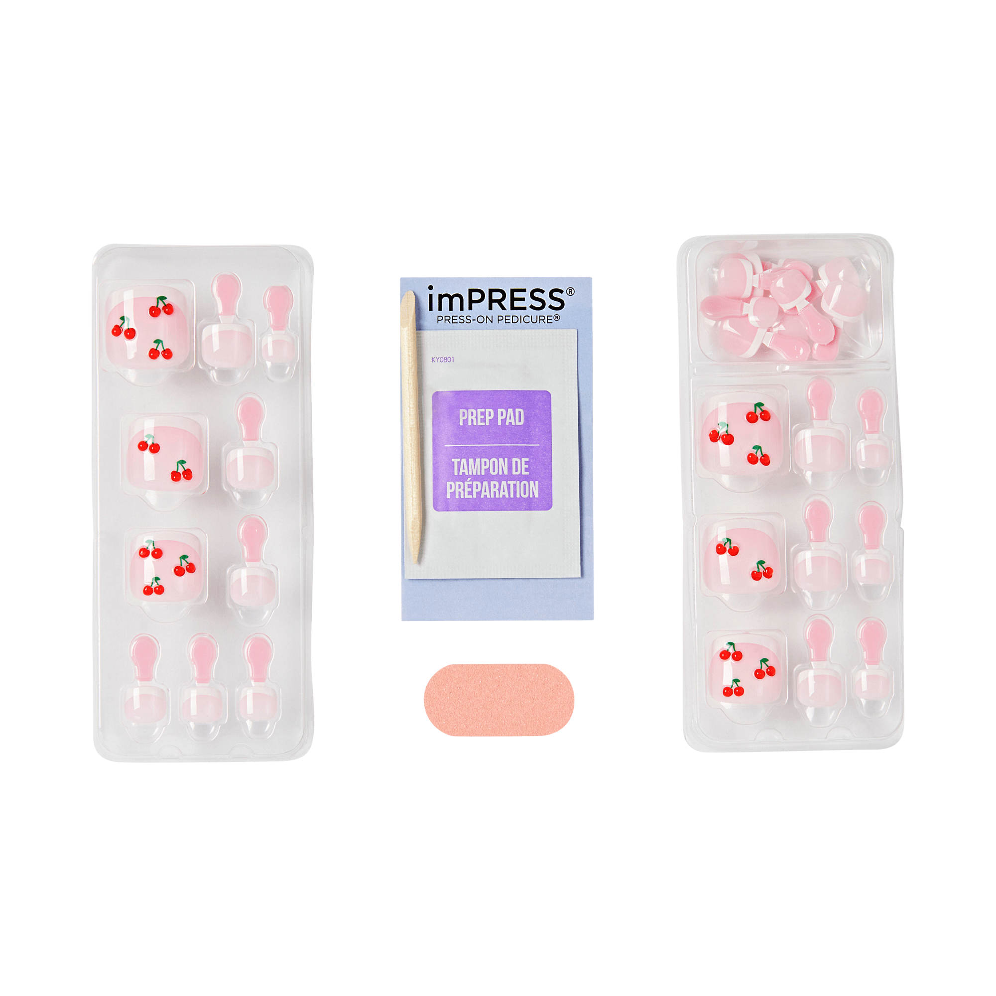 Two nail trays with pink and red designs, a small card labeled &