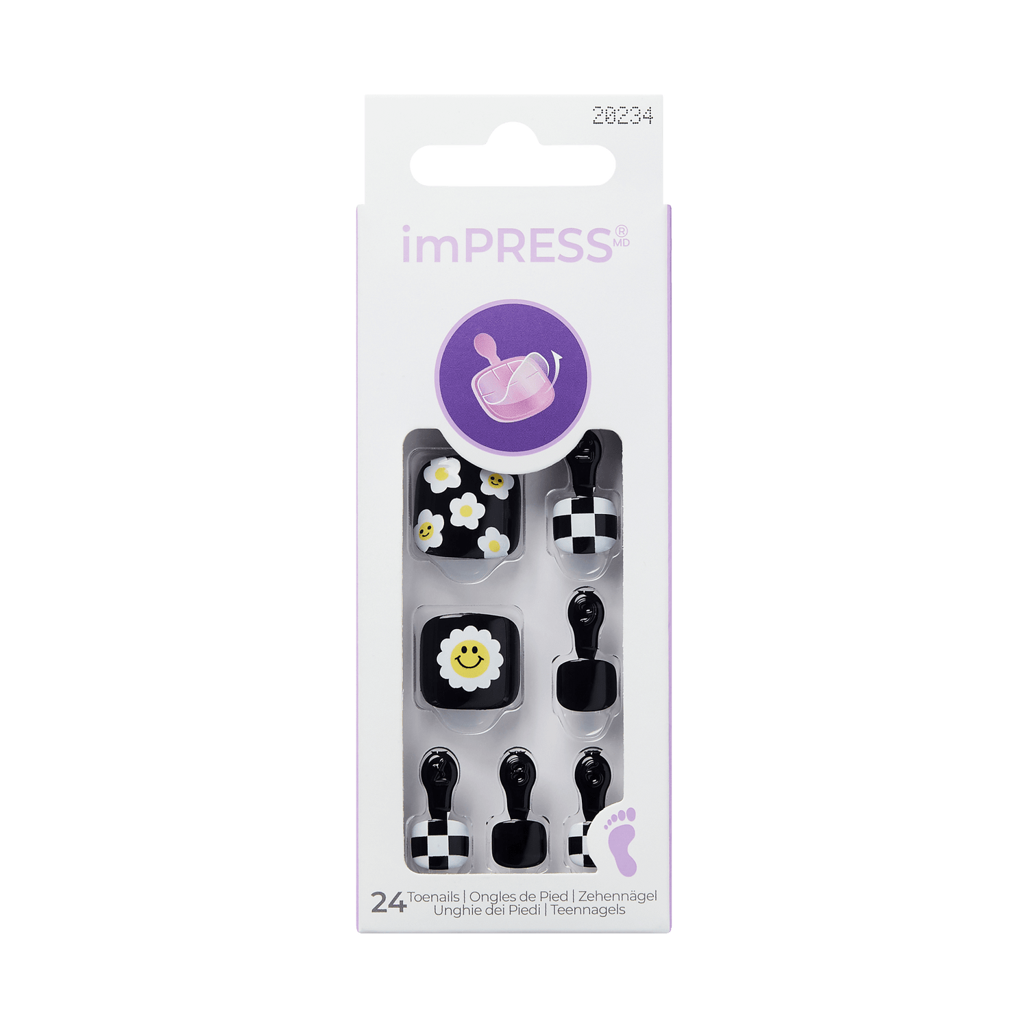 The image features a packaging for imPRESS press-on nails. The design includes a variety of nail art styles, showcasing a mix of black and white patterns, floral designs, and a cheerful sun motif. The package contains 24 nails, indicating that they are intended for easy application. The overall aesthetic is playful and trendy, appealing to those looking for stylish nail options. The packaging is colorful and includes a small illustration of a watering can, suggesting a theme of care or beauty.