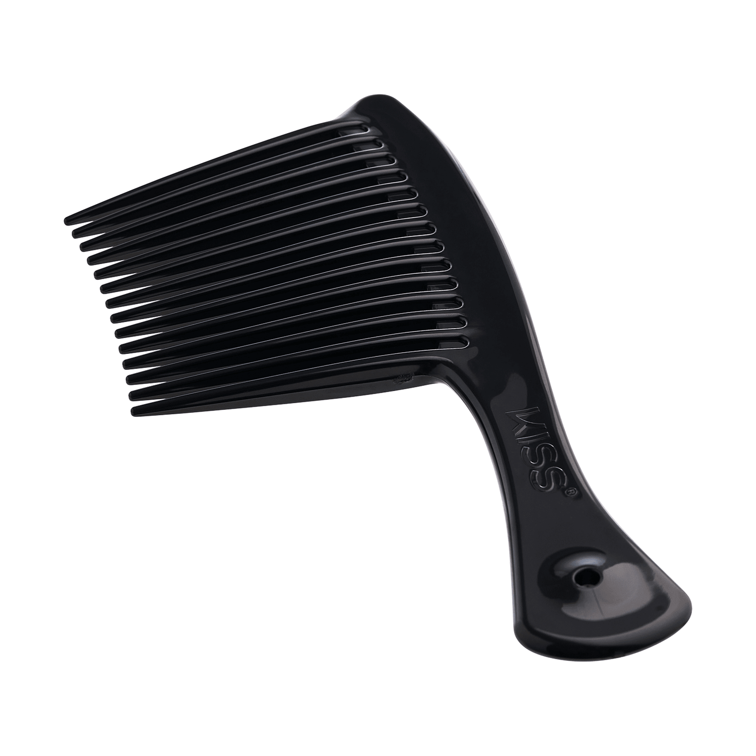 Black plastic jumbo rake comb with wide-spaced teeth and a curved handle embossed with the brand name \