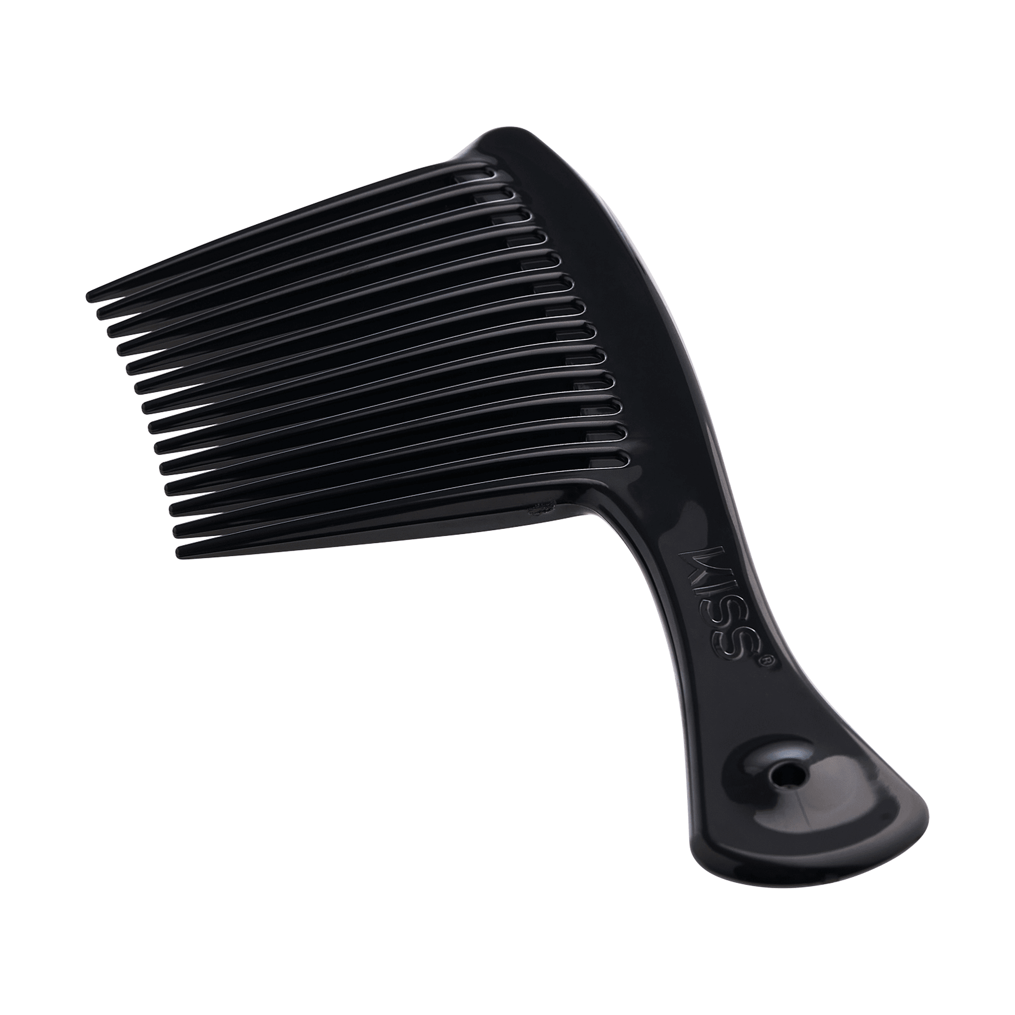 Black plastic jumbo rake comb with wide-spaced teeth and a curved handle embossed with the brand name \