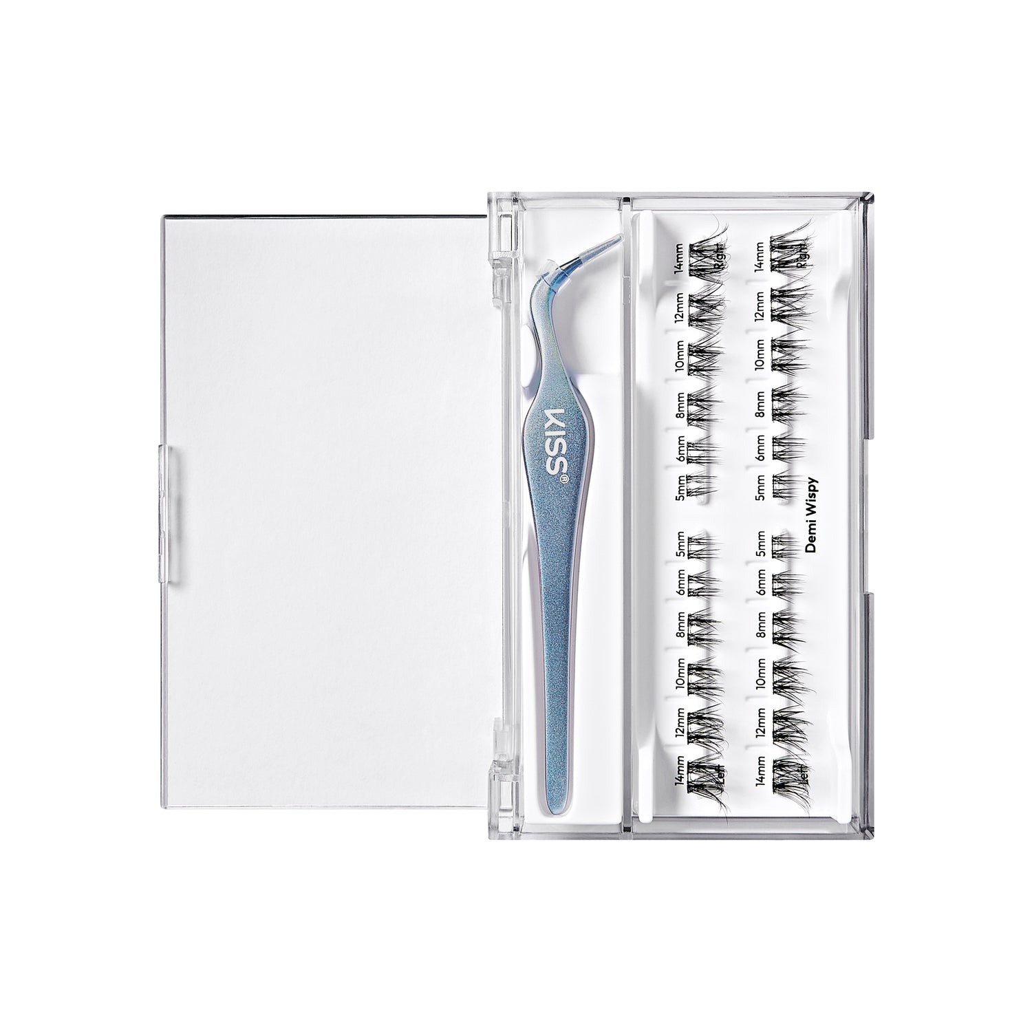 The image features a clear plastic case containing individual false eyelashes. Inside the case, there is a pair of tweezers designed for applying the lashes. The lashes are organized in rows, labeled with different styles or lengths. The brand name "KISS" is prominently displayed on the tweezers, indicating the product&