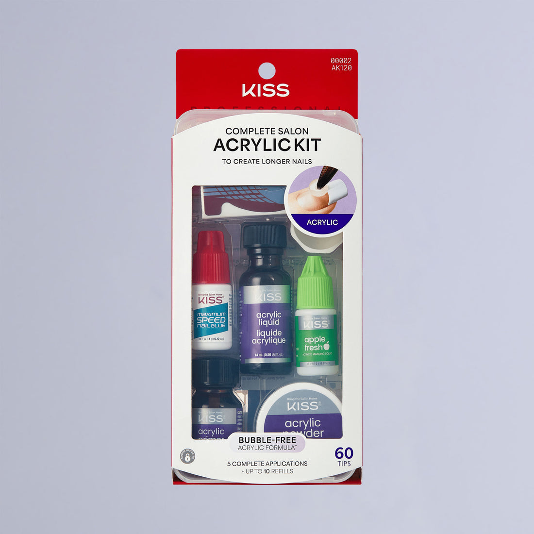 KISS Complete Salon Acrylic Nail Kit packaging with acrylic liquid, nail glue, apple fresh acrylic masking liquid, acrylic powder, and 60 nail tips, promotes bubble-free formula for creating longer nails.