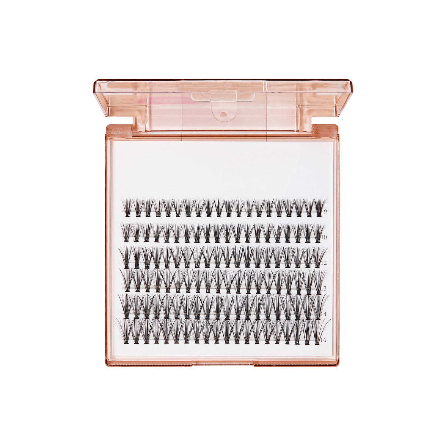 The image features a clear, rectangular case containing individual false eyelashes. The lashes are arranged in neat rows, showcasing various lengths, indicated by numbers ranging from 8 to 16. The case has a light pink or rose gold hue, giving it a stylish appearance. The lashes appear to be made of synthetic material, designed to enhance the natural look of eyelashes.