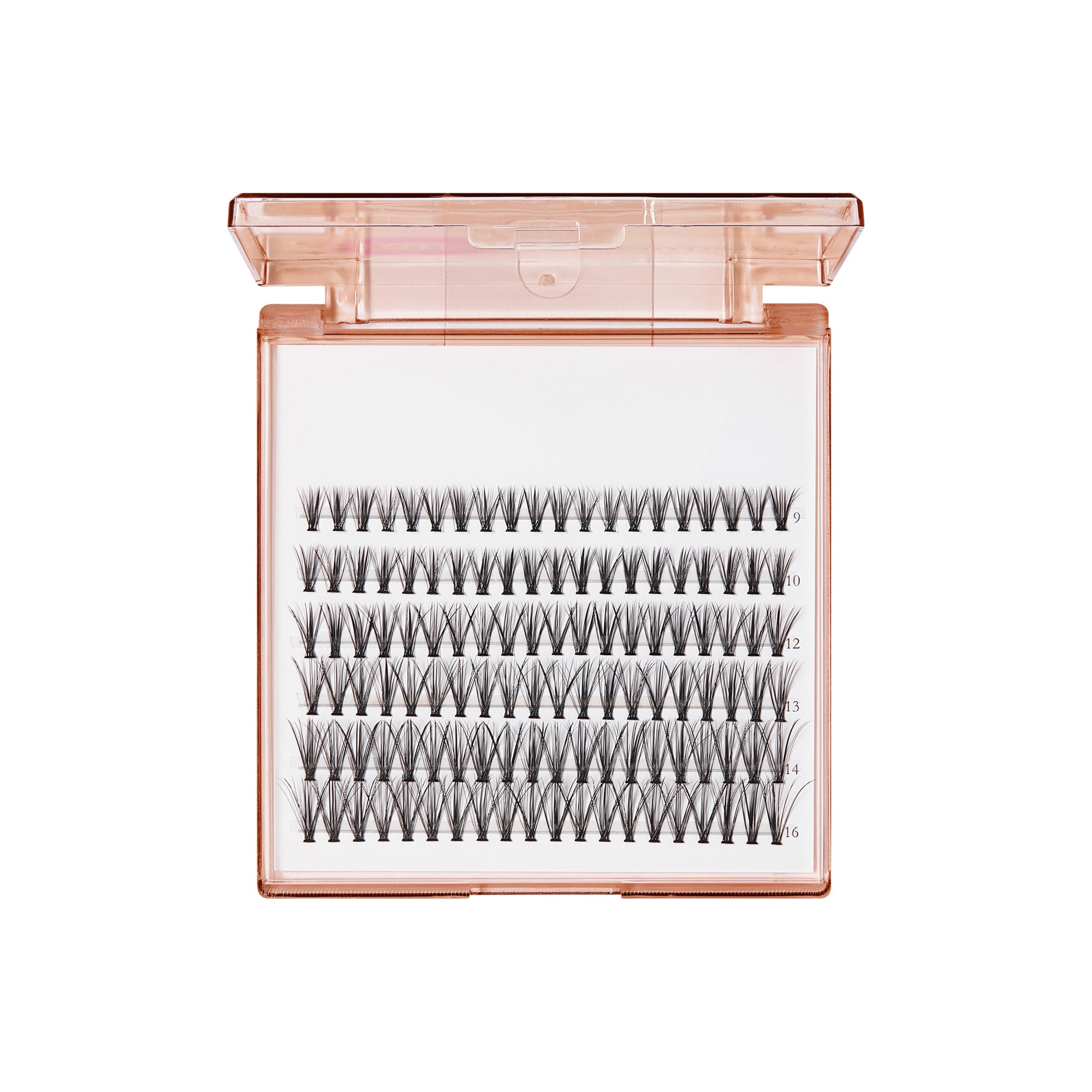 The image features a clear, rectangular case containing individual false eyelashes. The lashes are arranged in neat rows, showcasing various lengths, indicated by numbers ranging from 8 to 16. The case has a light pink or rose gold hue, giving it a stylish appearance. The lashes appear to be made of synthetic material, designed to enhance the natural look of eyelashes.